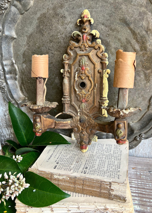 Antique Cast Iron Metal Light Fixture Double Wall Sconce French Farmhouse Gold