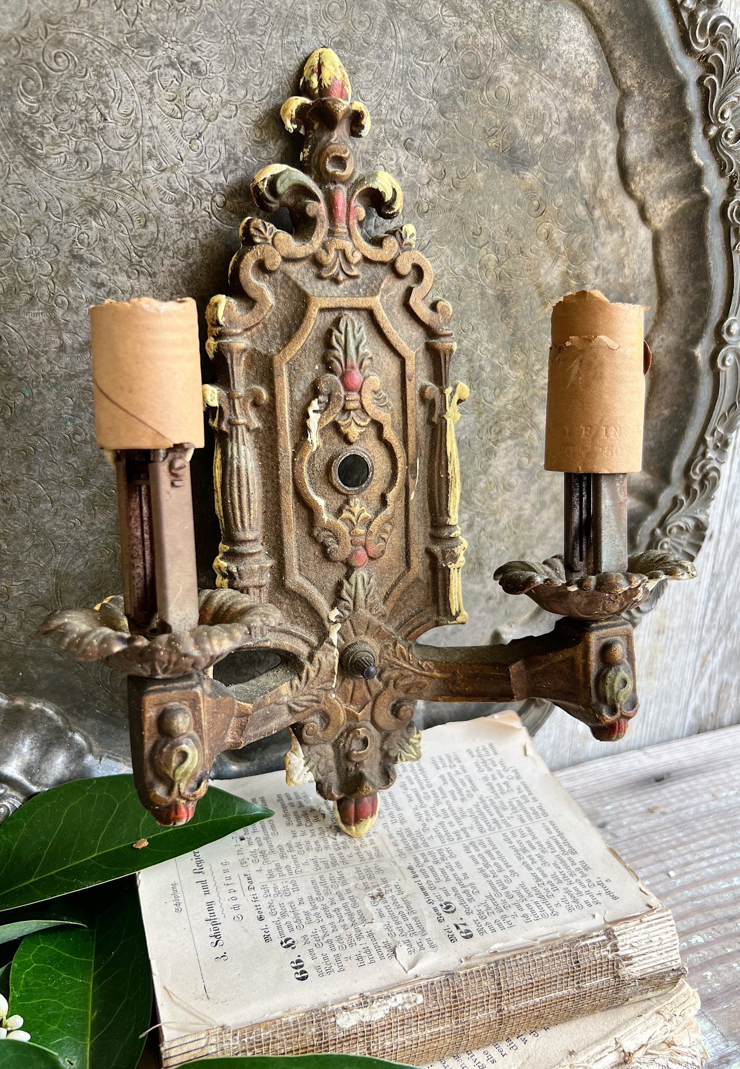 Antique Cast Iron Metal Light Fixture Double Wall Sconce French Farmhouse Gold
