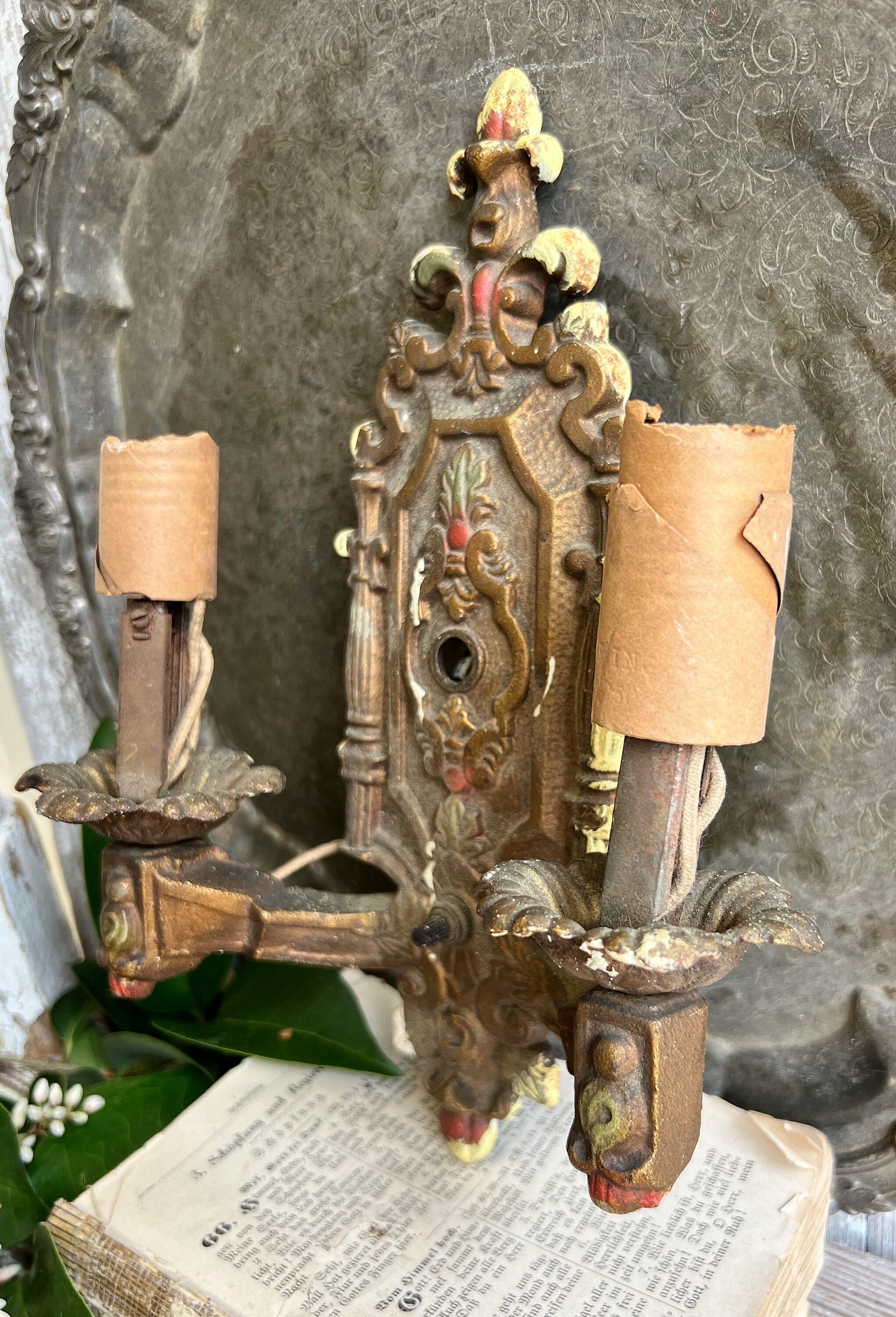 Antique Cast Iron Metal Light Fixture Double Wall Sconce French Farmhouse Gold