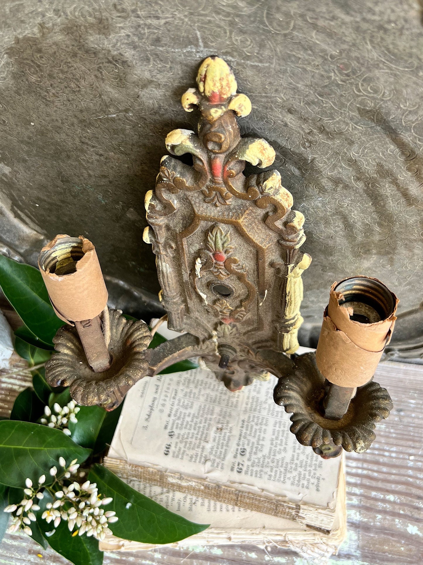 Antique Cast Iron Metal Light Fixture Double Wall Sconce French Farmhouse Gold