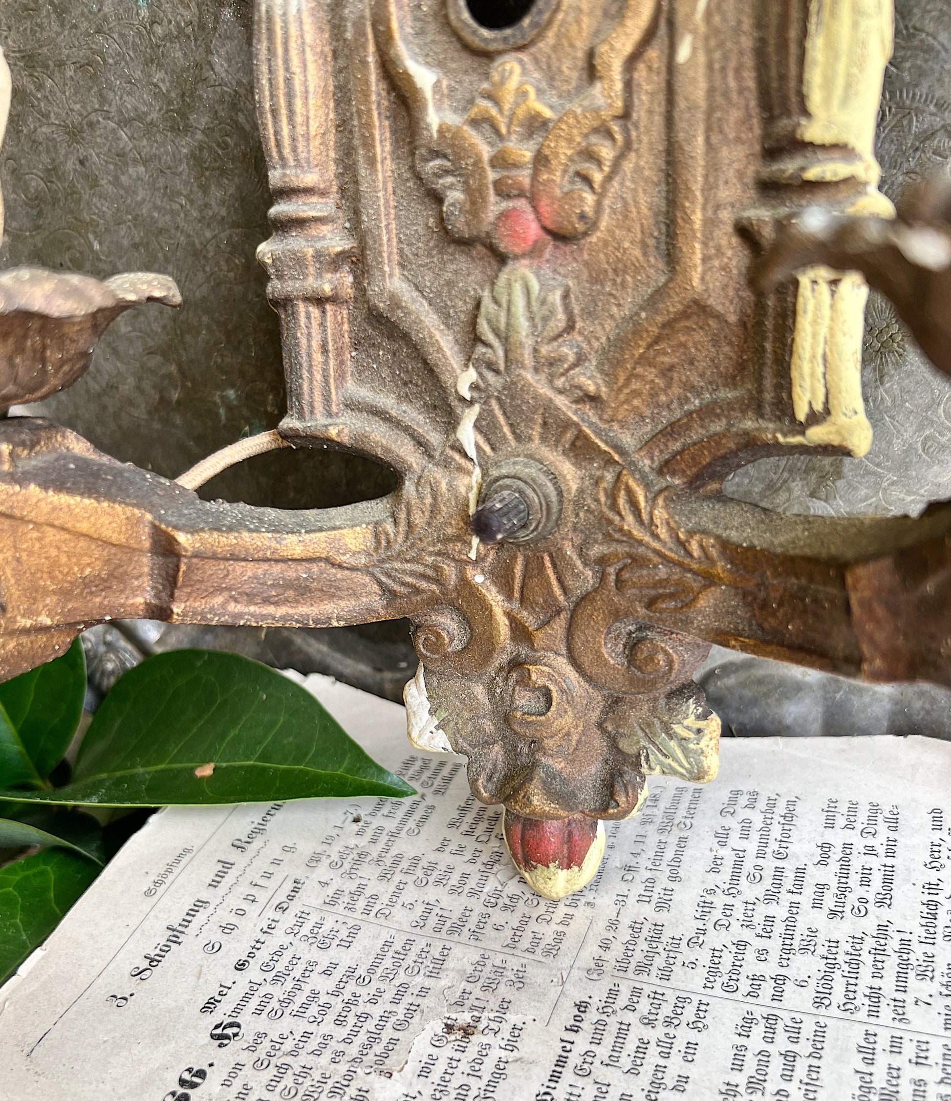 Antique Cast Iron Metal Light Fixture Double Wall Sconce French Farmhouse Gold