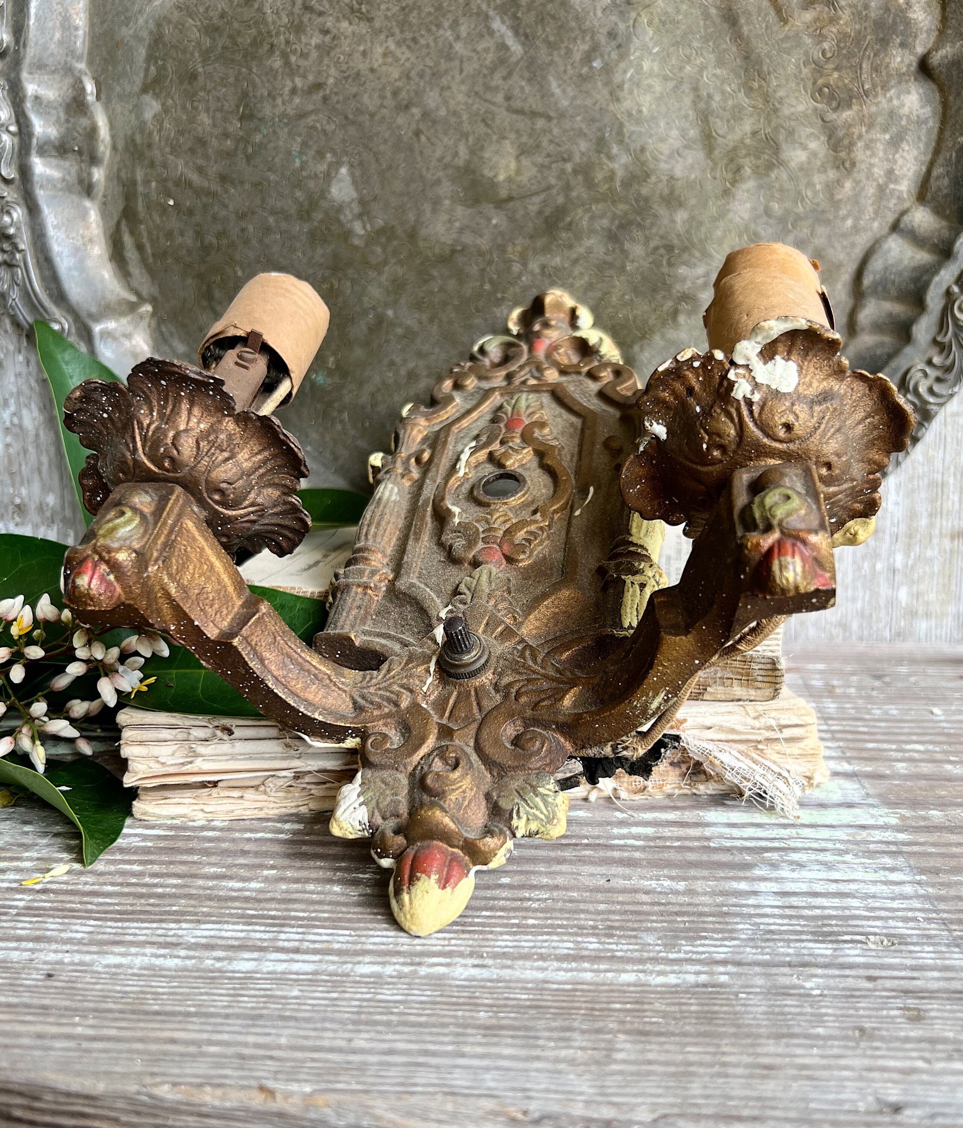 Antique Cast Iron Metal Light Fixture Double Wall Sconce French Farmhouse Gold