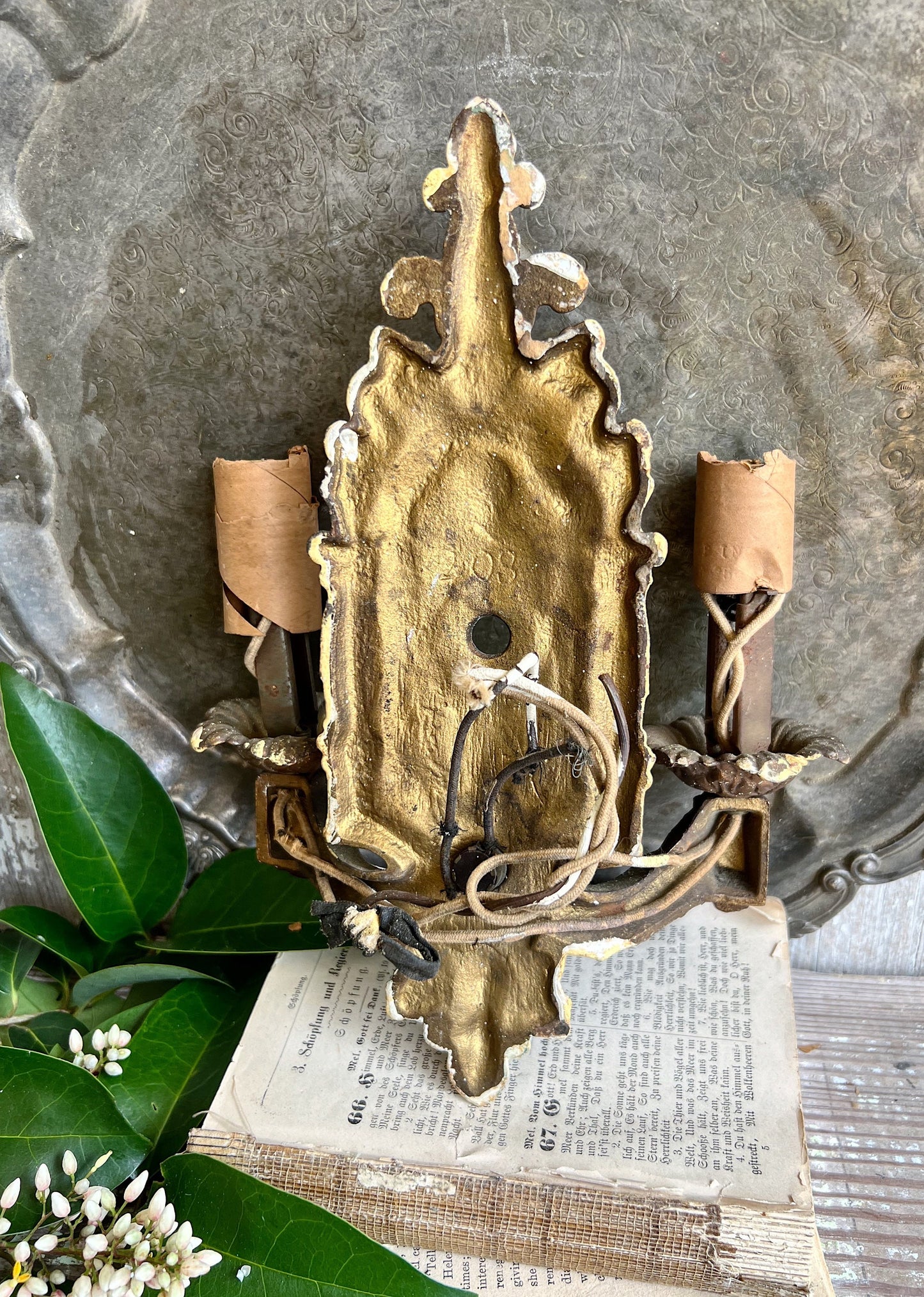 Antique Cast Iron Metal Light Fixture Double Wall Sconce French Farmhouse Gold