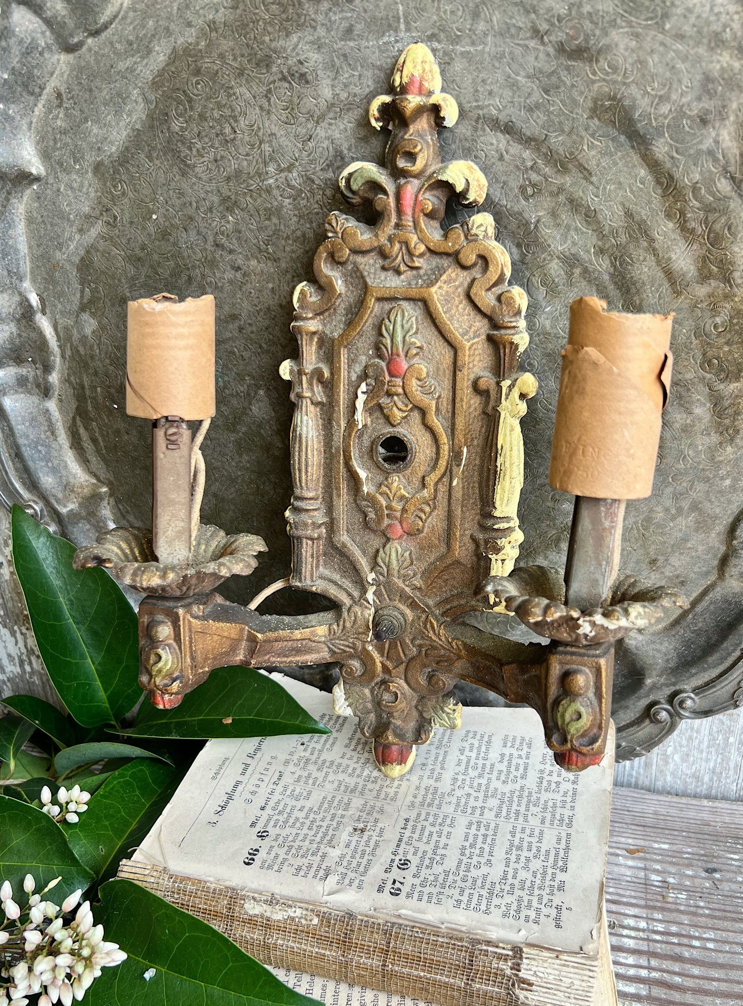 Antique Cast Iron Metal Light Fixture Double Wall Sconce French Farmhouse Gold