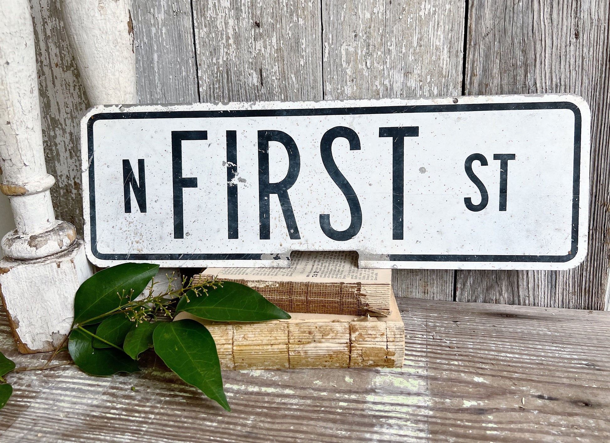 Authentic Vintage Metal STREET SIGN Original Painted White Black Farmhouse Antique Industrial Salvage Decor FIRST St
