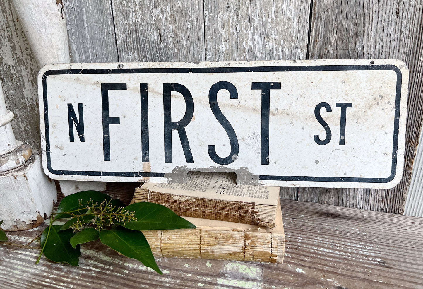 Authentic Vintage Metal STREET SIGN Original Painted White Black Farmhouse Antique Industrial Salvage Decor FIRST St