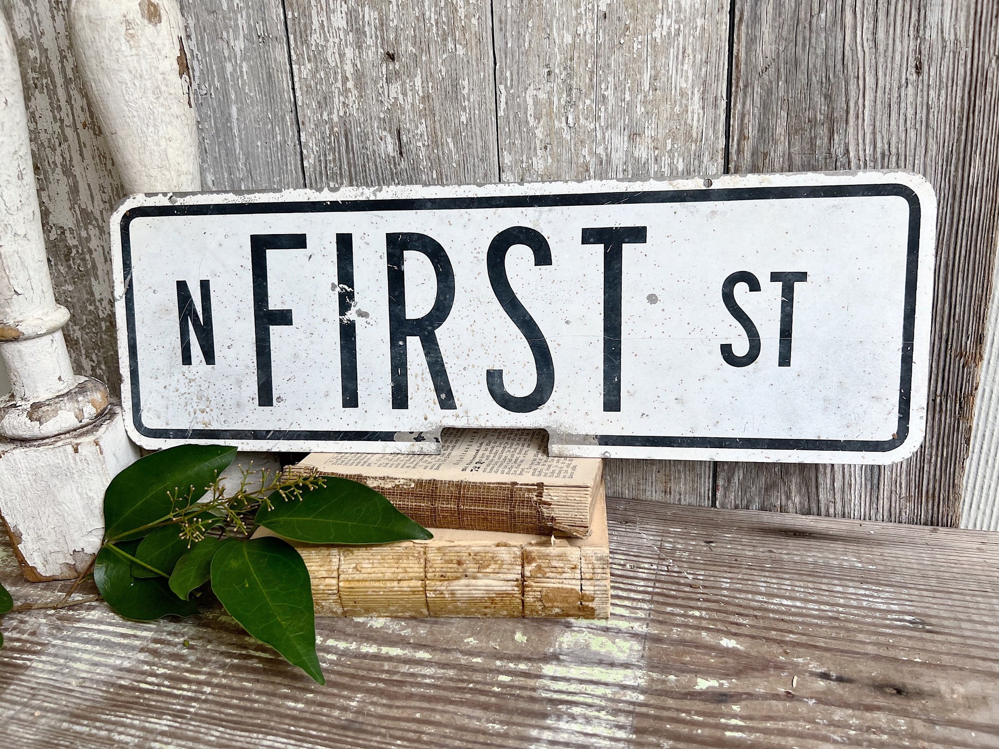 Authentic Vintage Metal STREET SIGN Original Painted White Black Farmhouse Antique Industrial Salvage Decor FIRST St