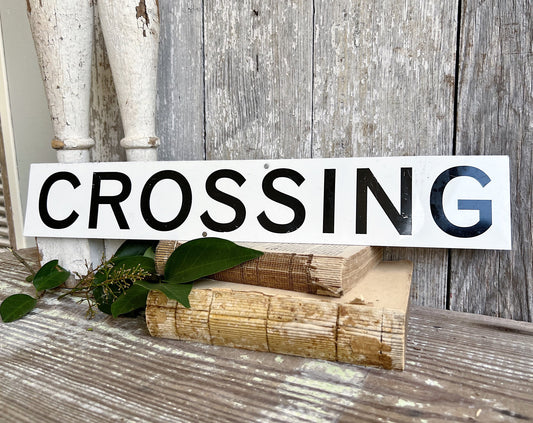 Authentic Vintage Metal CROSSING Street SIGN Original Painted White Black Farmhouse Antique Industrial Salvage Decor