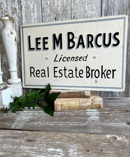 Authentic Vintage Wood Real Estate Advertising SIGN Original Hand Painted White Black Grey Farmhouse Antique Industrial Salvage Decor