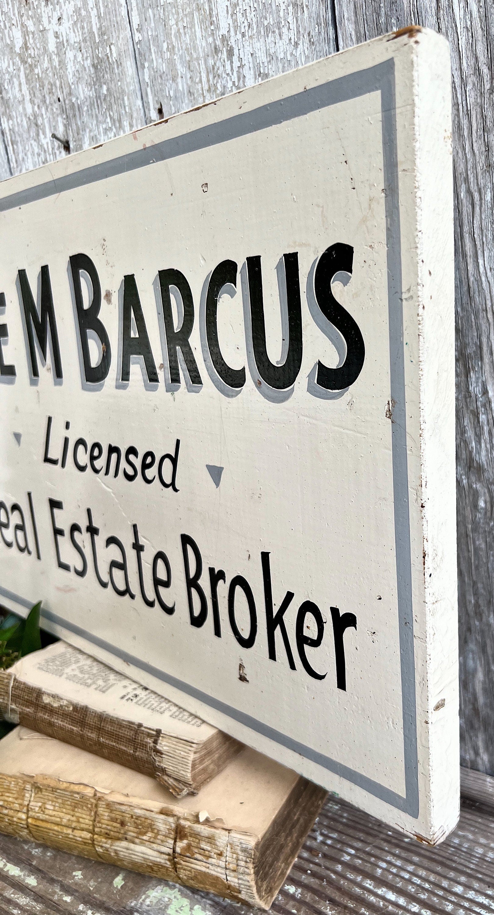 Authentic Vintage Wood Real Estate Advertising SIGN Original Hand Painted White Black Grey Farmhouse Antique Industrial Salvage Decor