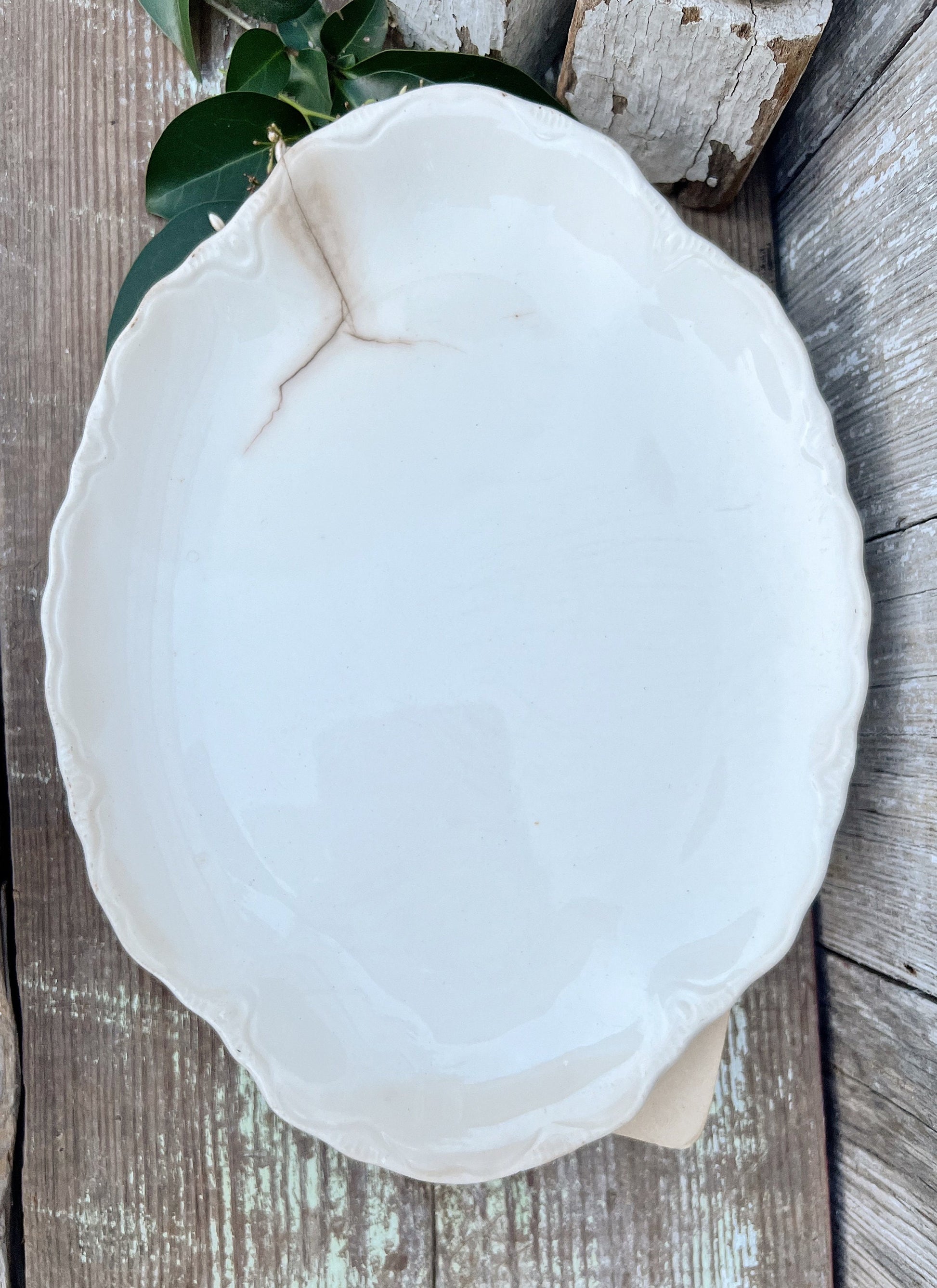 Antique White Ironstone Platter Crazing Grungy Stained Farmhouse Decor Scallop USA