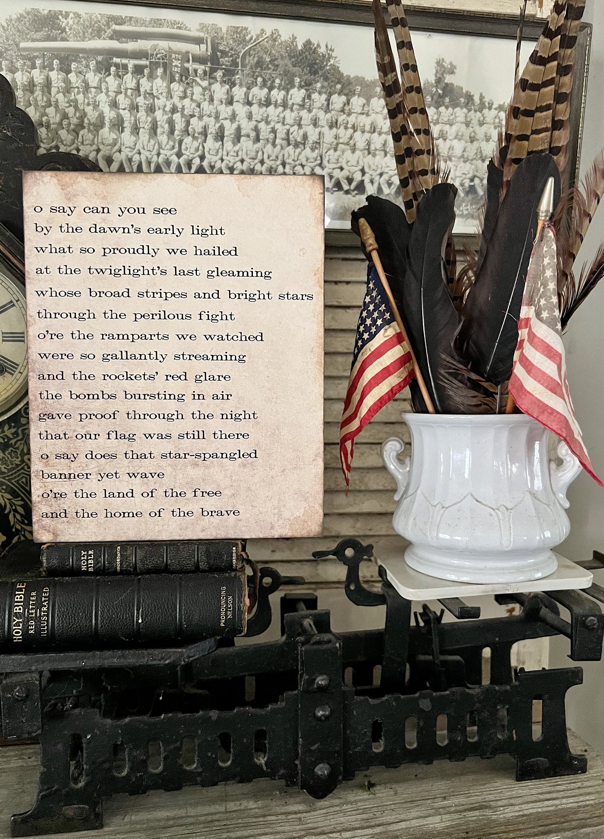 STAR SPANGLED BANNER Sign Americana Patriotic Decor Mounted Farmhouse Book Page Primitive Wood Sign usa Fourth July America