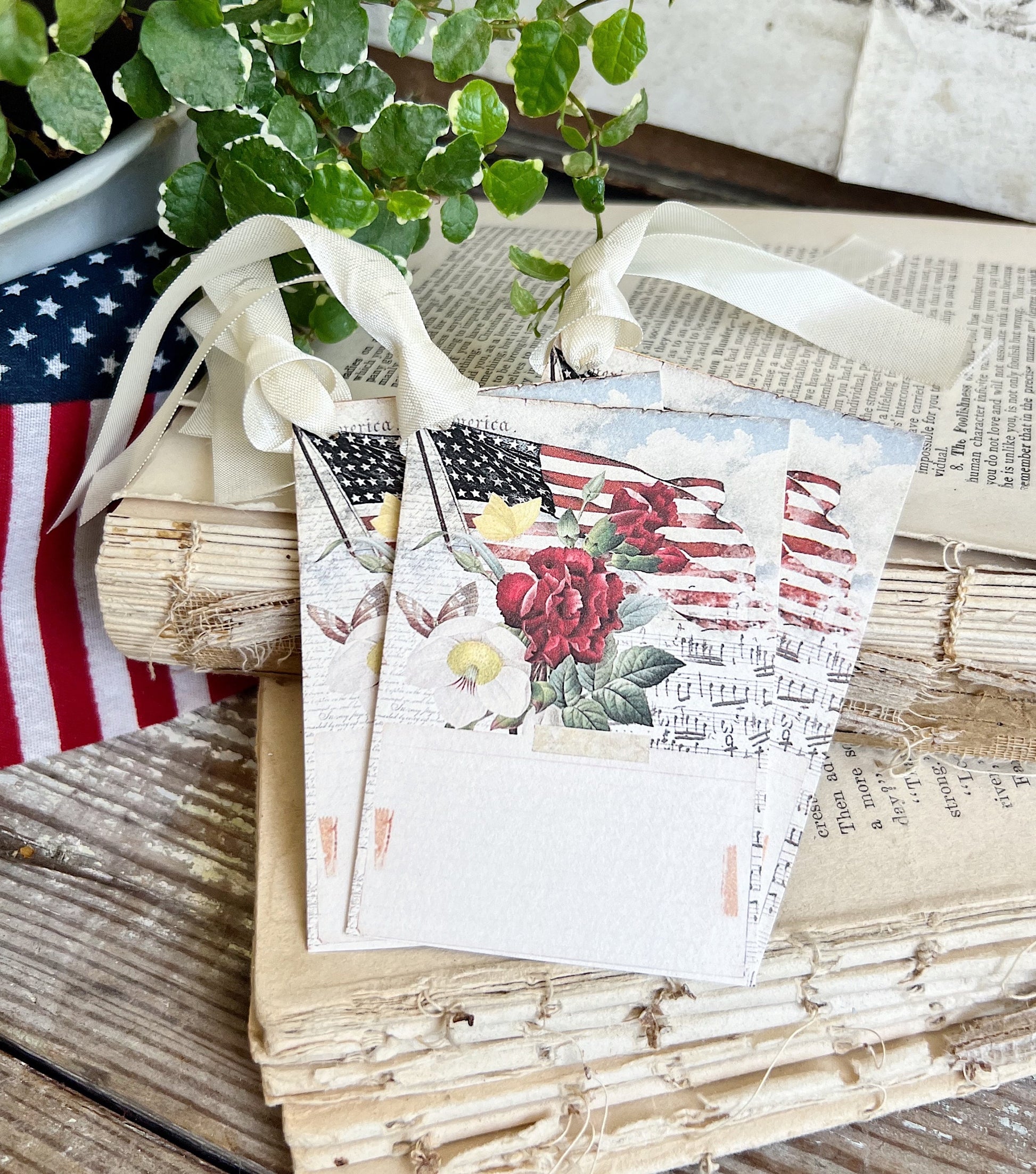 AMERICAN FLAG Vintage Gift Tags Americana Fourth July Farmhouse Decor Card Set of 8 USA Flowers