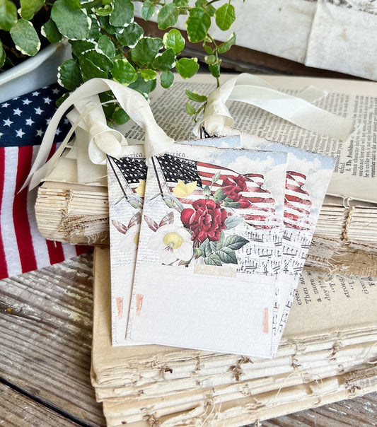 AMERICAN FLAG Vintage Gift Tags Americana Fourth July Farmhouse Decor Card Set of 8 USA Flowers