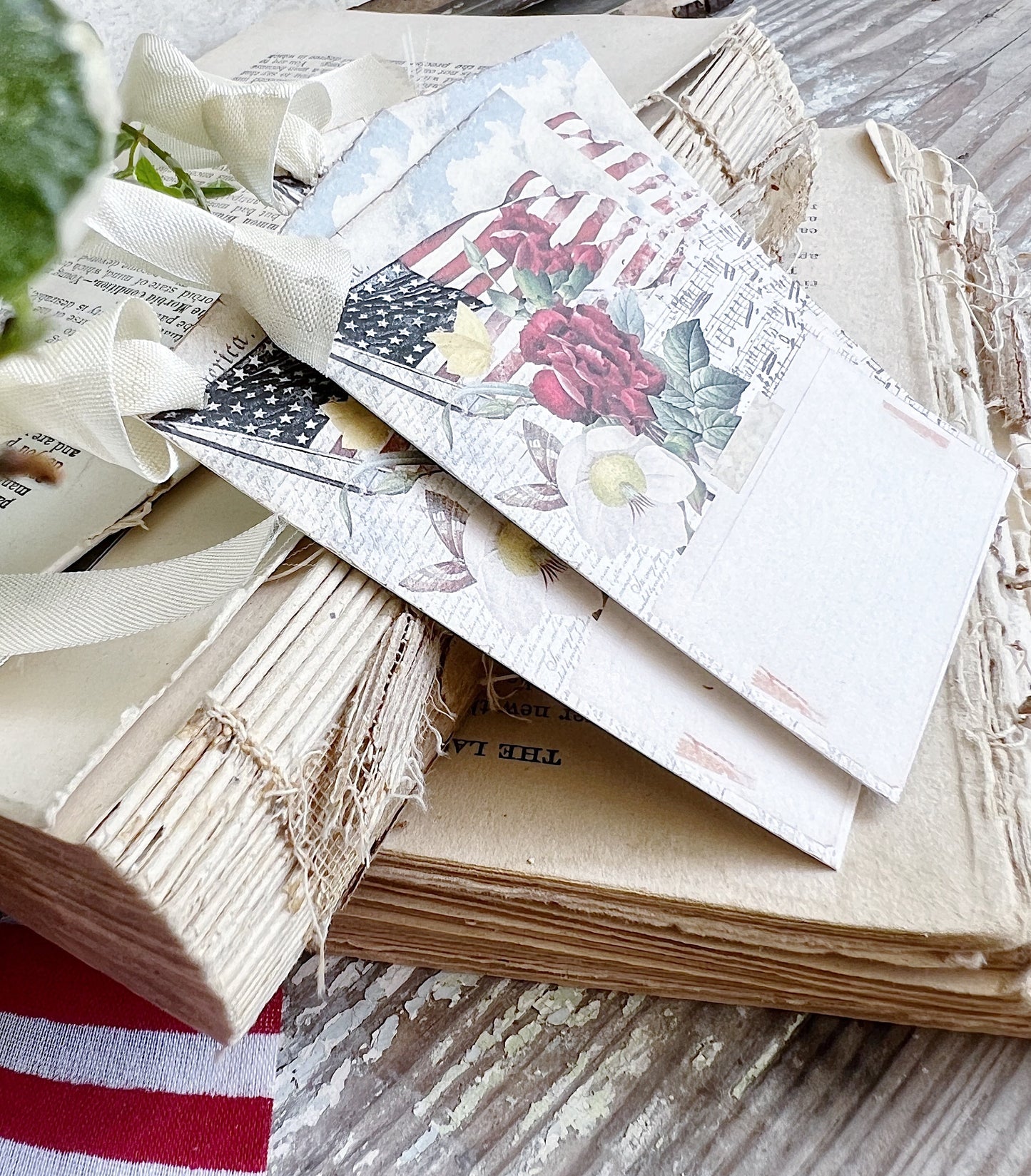 AMERICAN FLAG Vintage Gift Tags Americana Fourth July Farmhouse Decor Card Set of 8 USA Flowers