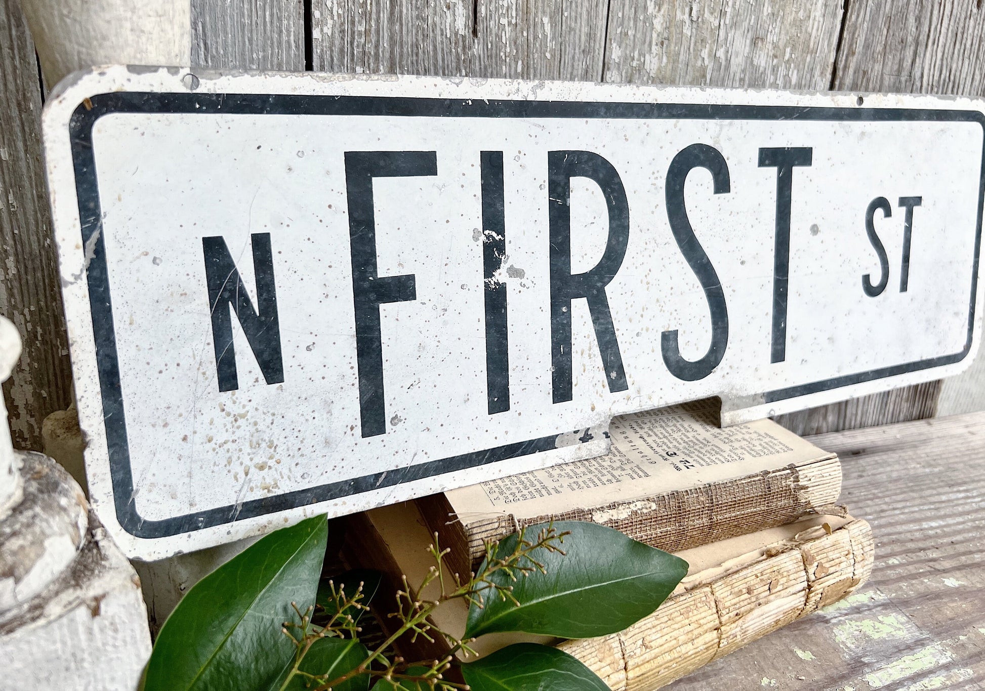 Authentic Vintage Metal STREET SIGN Original Painted White Black Farmhouse Antique Industrial Salvage Decor FIRST St