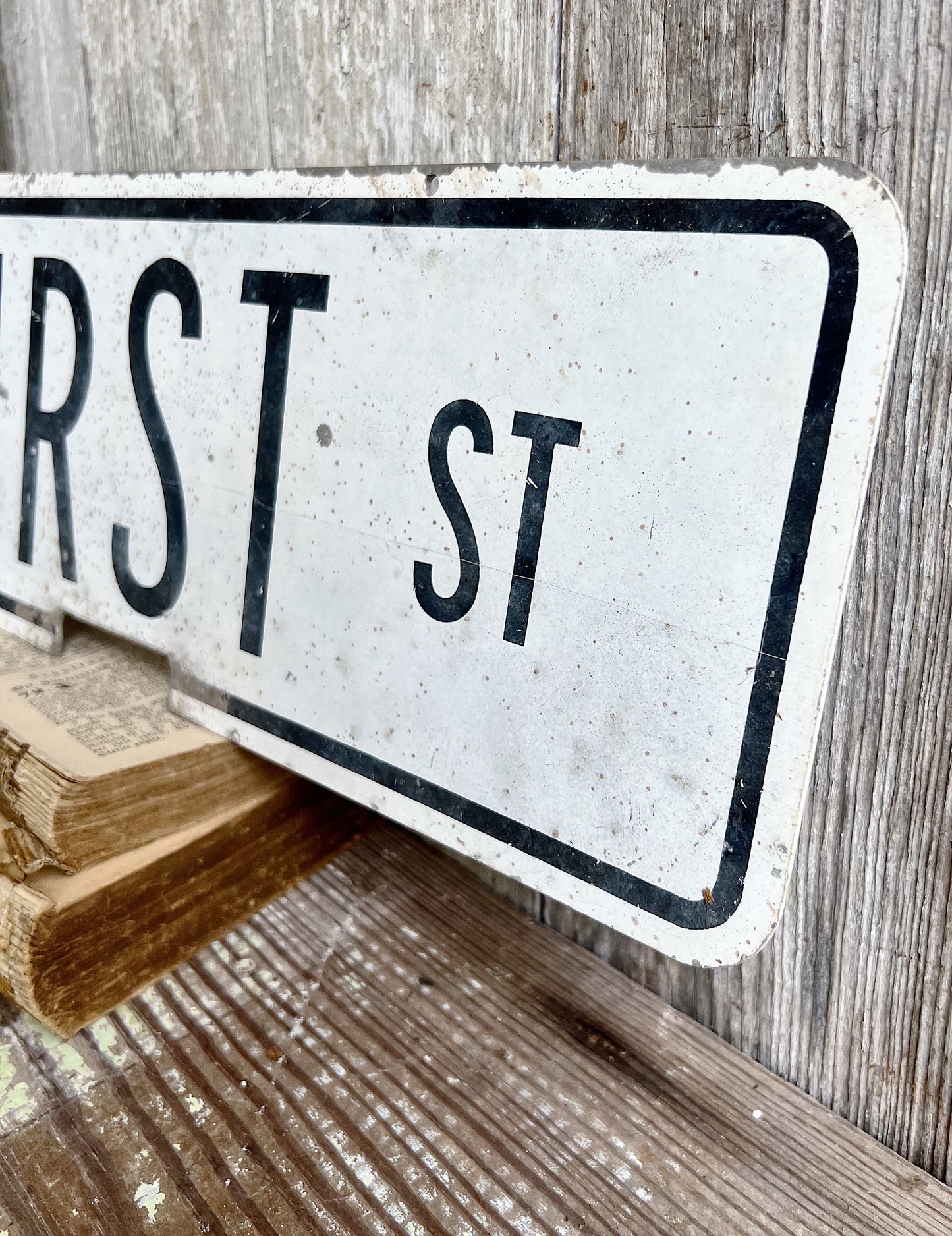 Authentic Vintage Metal STREET SIGN Original Painted White Black Farmhouse Antique Industrial Salvage Decor FIRST St