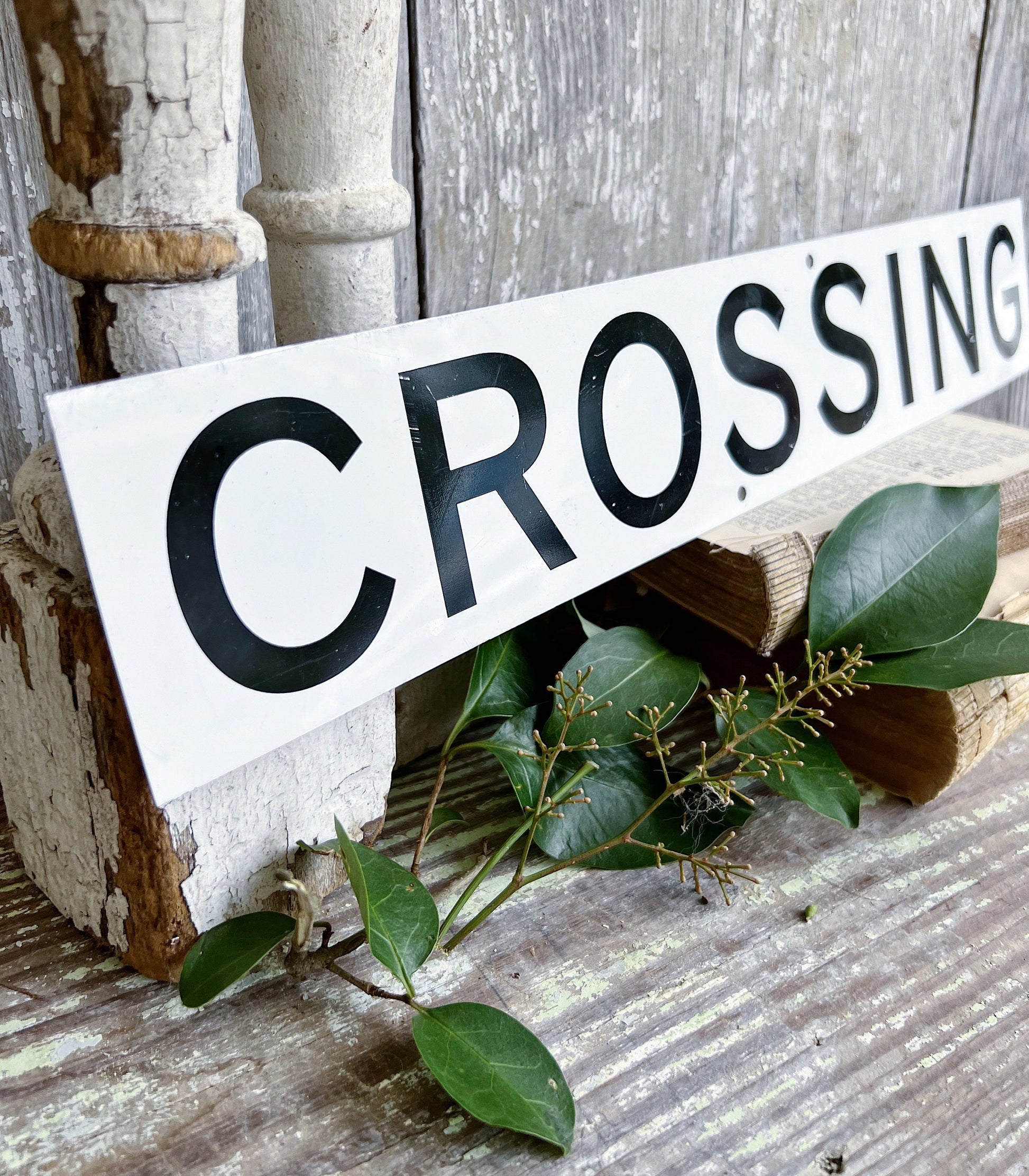 Authentic Vintage Metal CROSSING Street SIGN Original Painted White Black Farmhouse Antique Industrial Salvage Decor