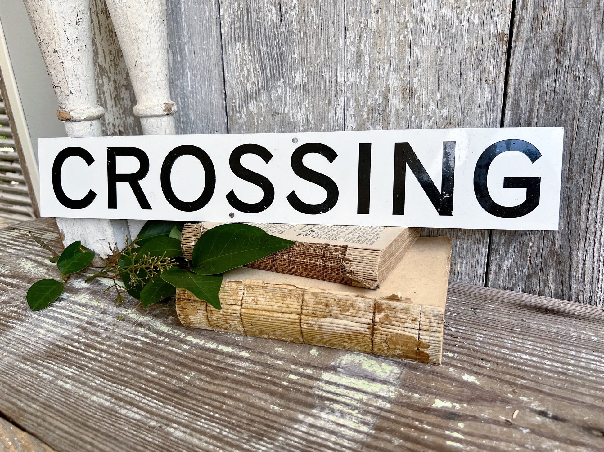 Authentic Vintage Metal CROSSING Street SIGN Original Painted White Black Farmhouse Antique Industrial Salvage Decor