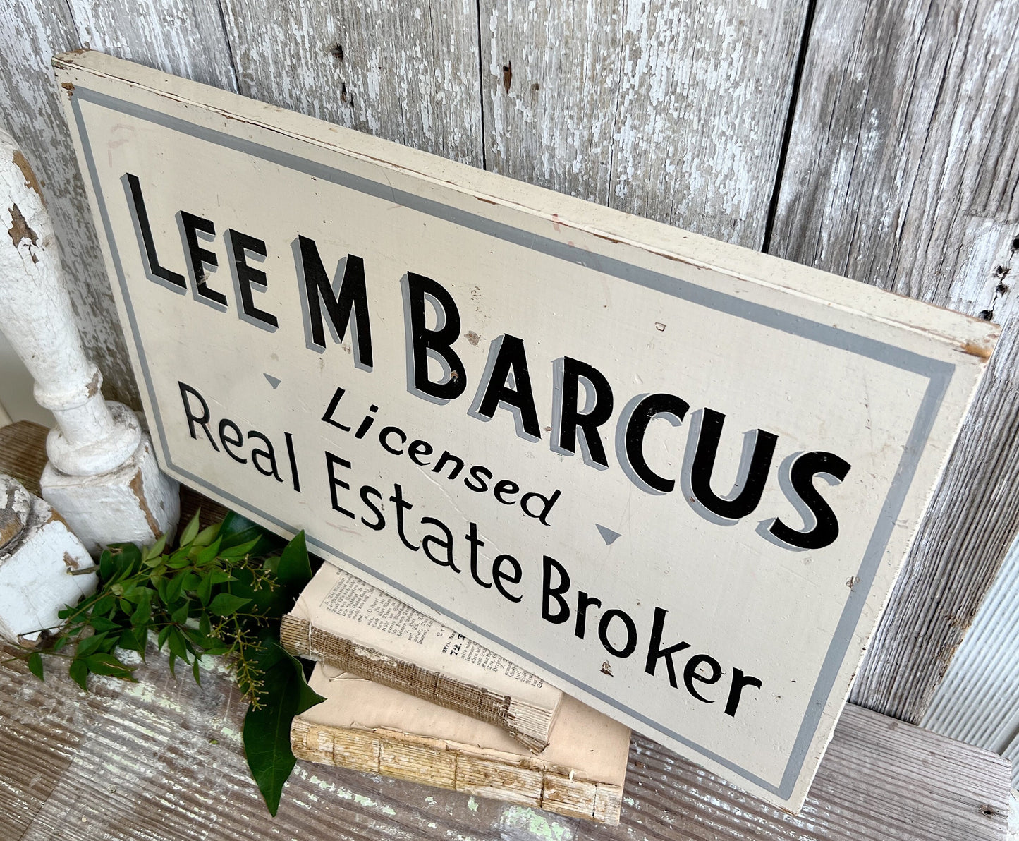 Authentic Vintage Wood Real Estate Advertising SIGN Original Hand Painted White Black Grey Farmhouse Antique Industrial Salvage Decor