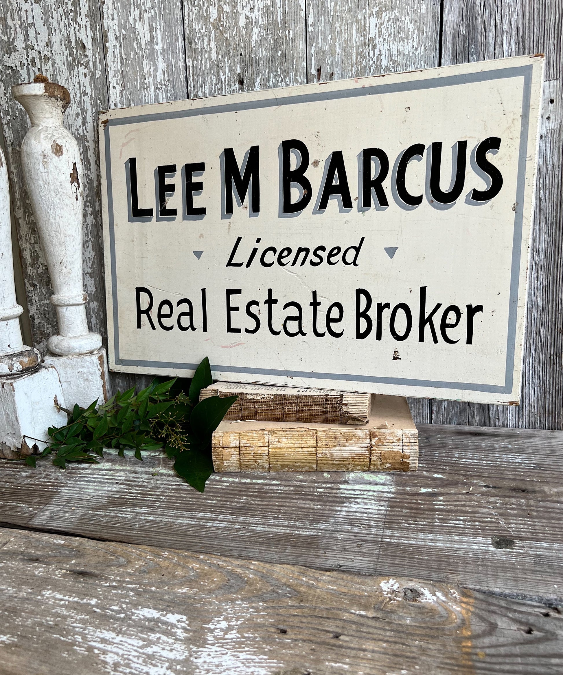 Authentic Vintage Wood Real Estate Advertising SIGN Original Hand Painted White Black Grey Farmhouse Antique Industrial Salvage Decor