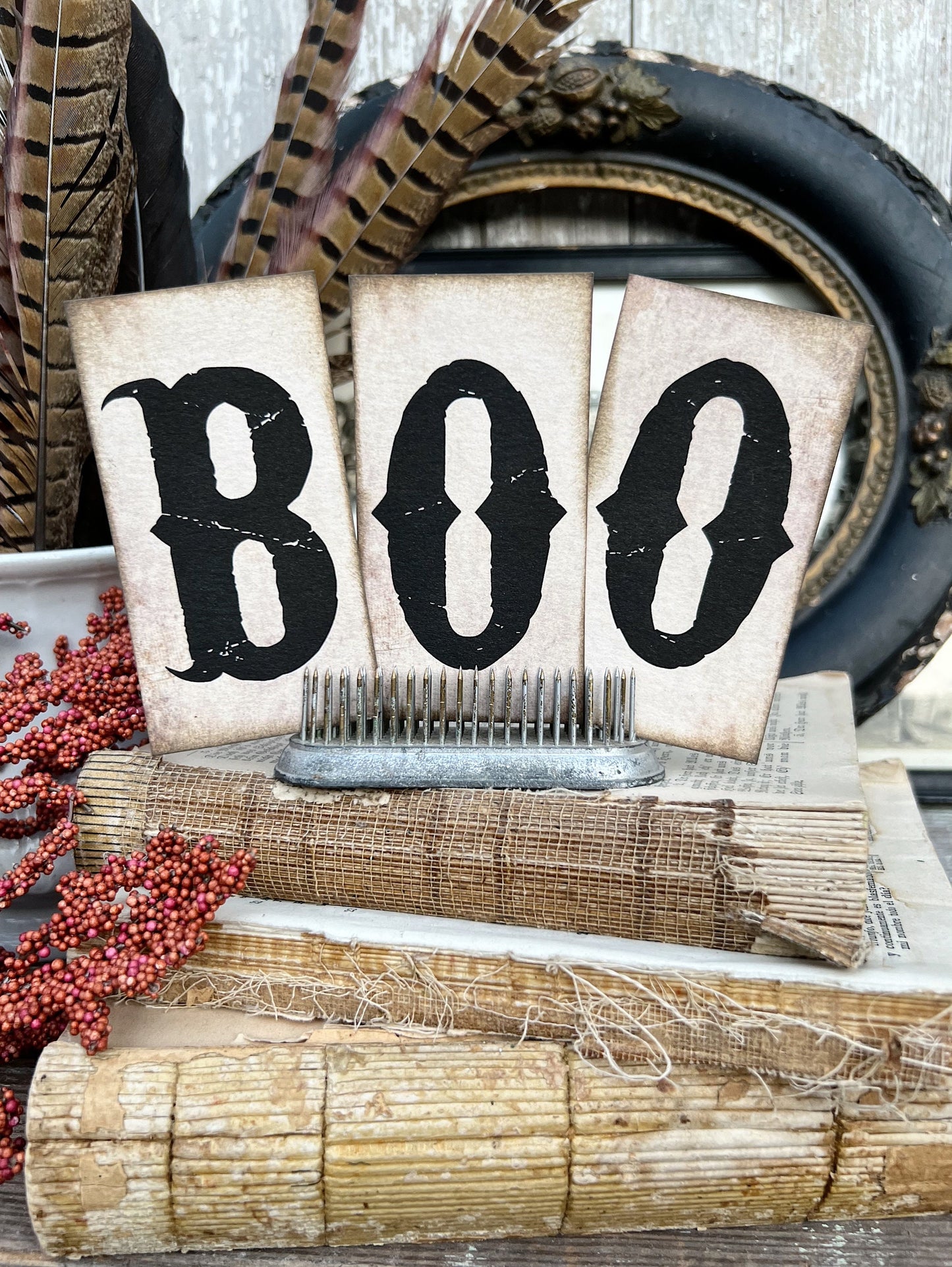 HALLOWEEN Letters BOO BLACK Card Sign Set Farmhouse Decor Cardstock Vintage Style Church Gothic
