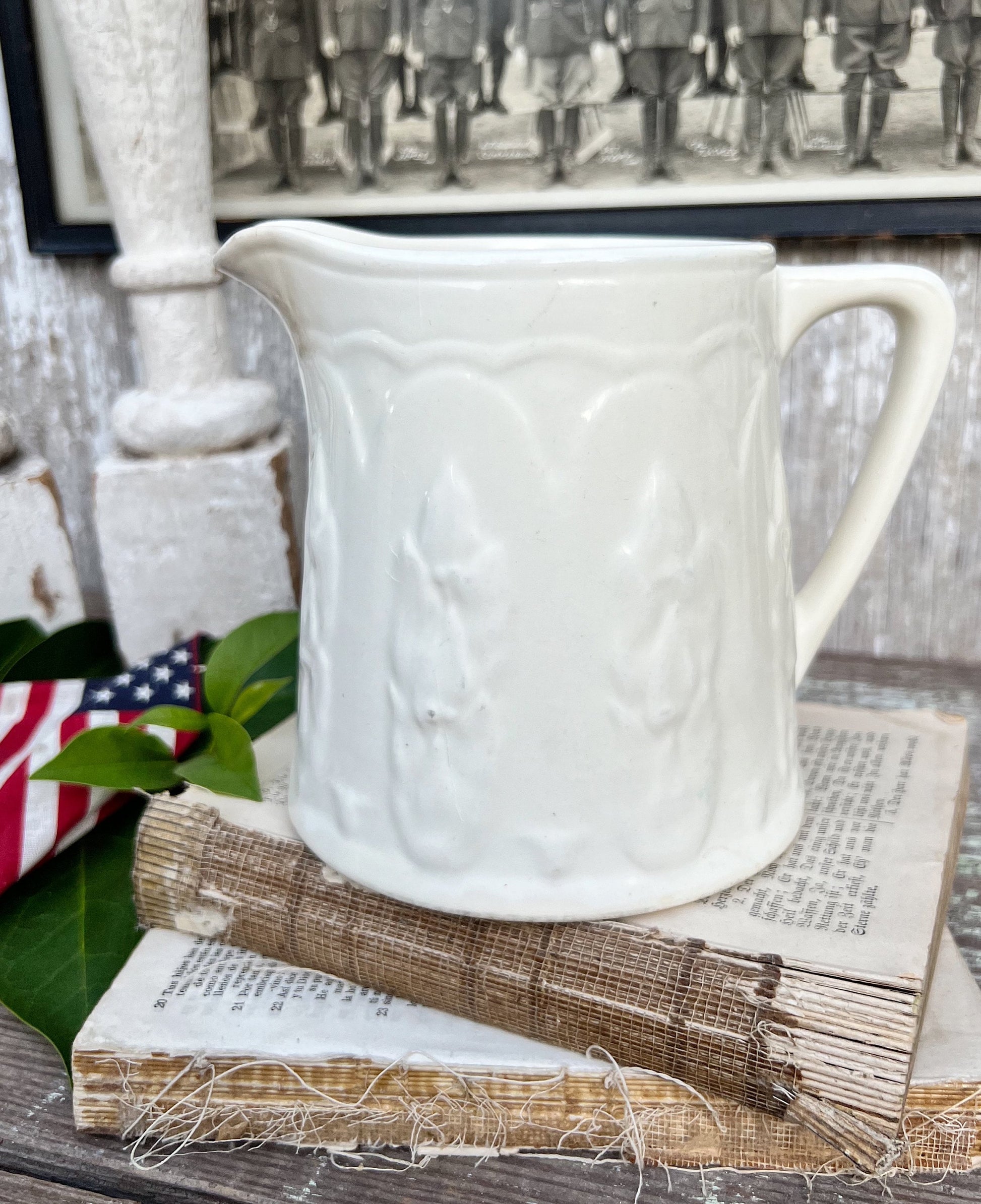 Antique Creamy White Ironstone Pitcher Embossed Asparagus French Country Farmhouse Decor Crazed