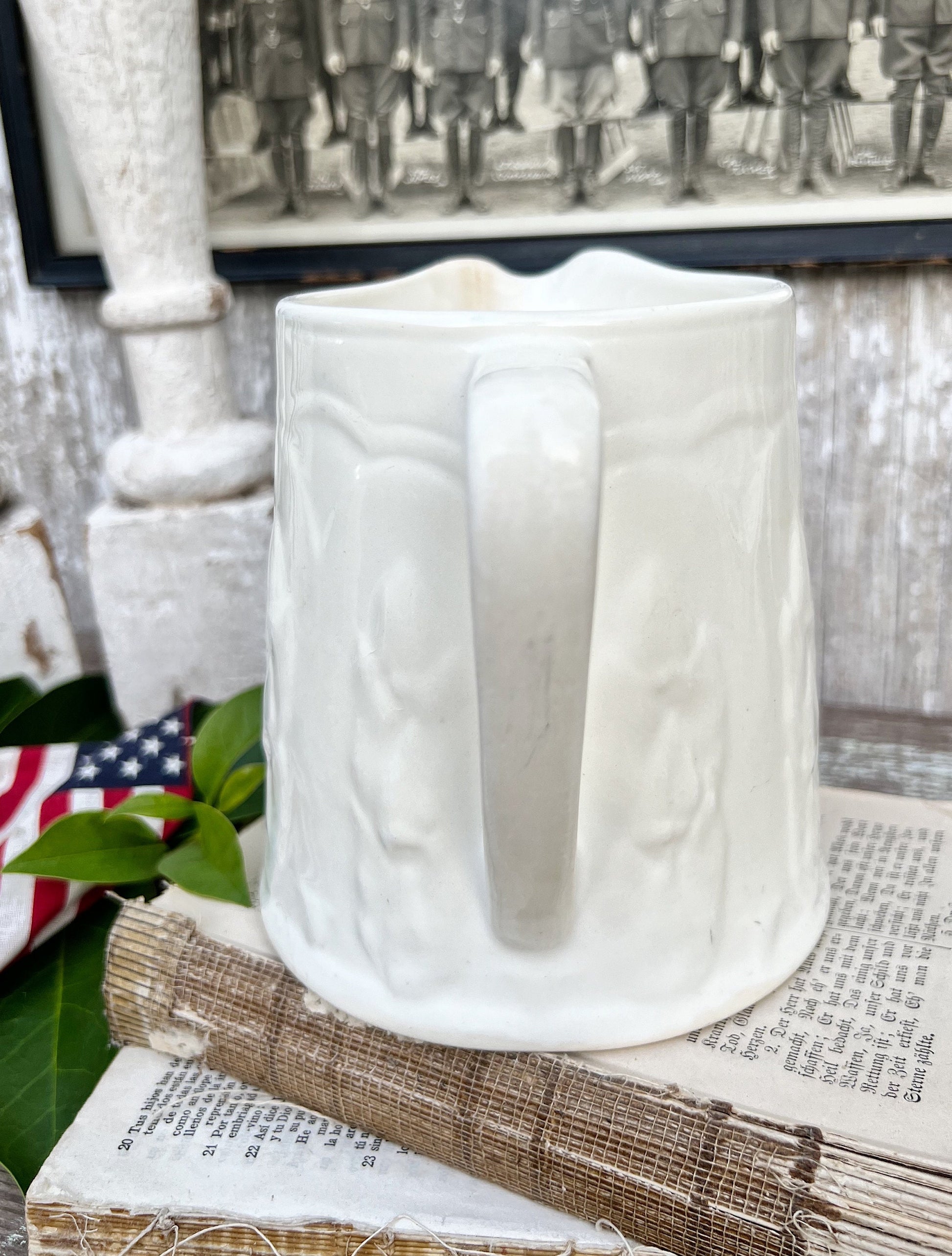 Antique Creamy White Ironstone Pitcher Embossed Asparagus French Country Farmhouse Decor Crazed