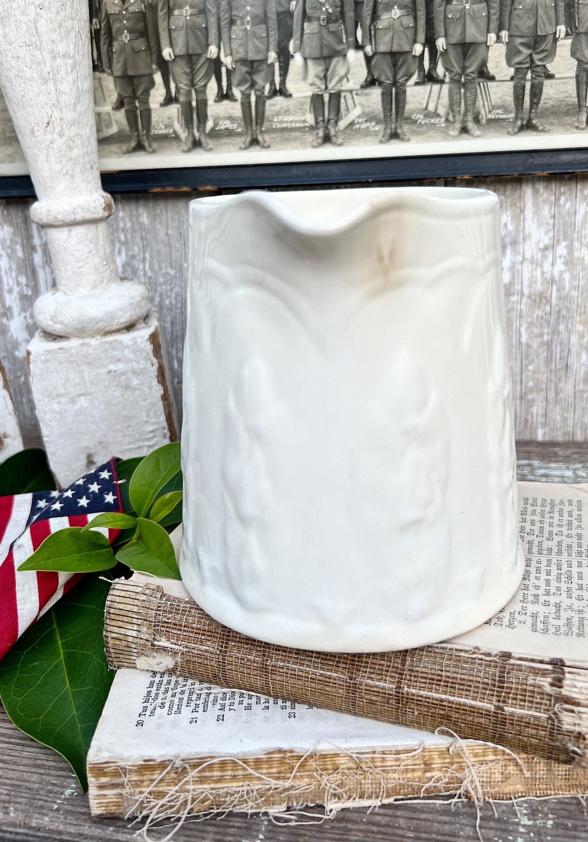 Antique Creamy White Ironstone Pitcher Embossed Asparagus French Country Farmhouse Decor Crazed