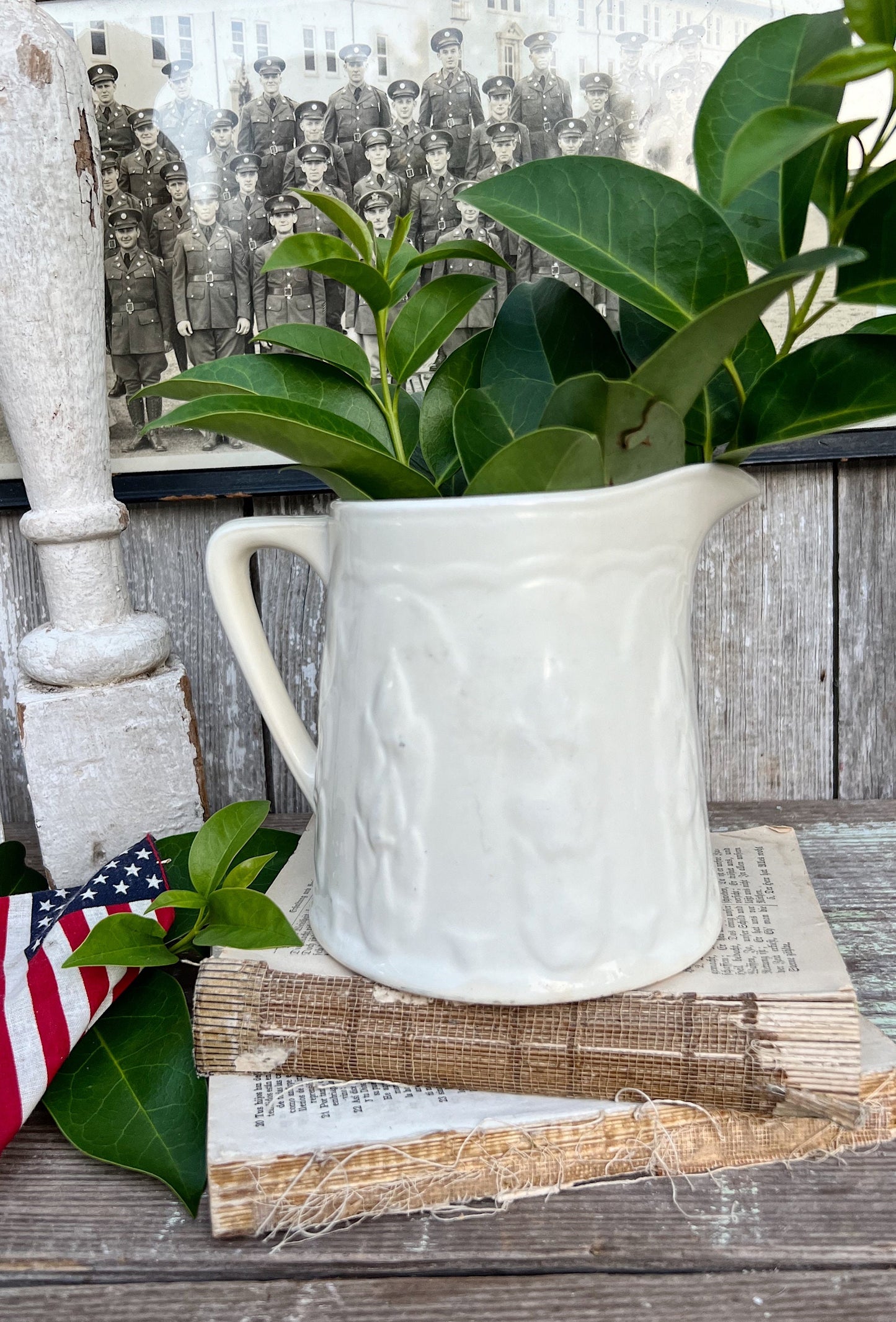 Antique Creamy White Ironstone Pitcher Embossed Asparagus French Country Farmhouse Decor Crazed