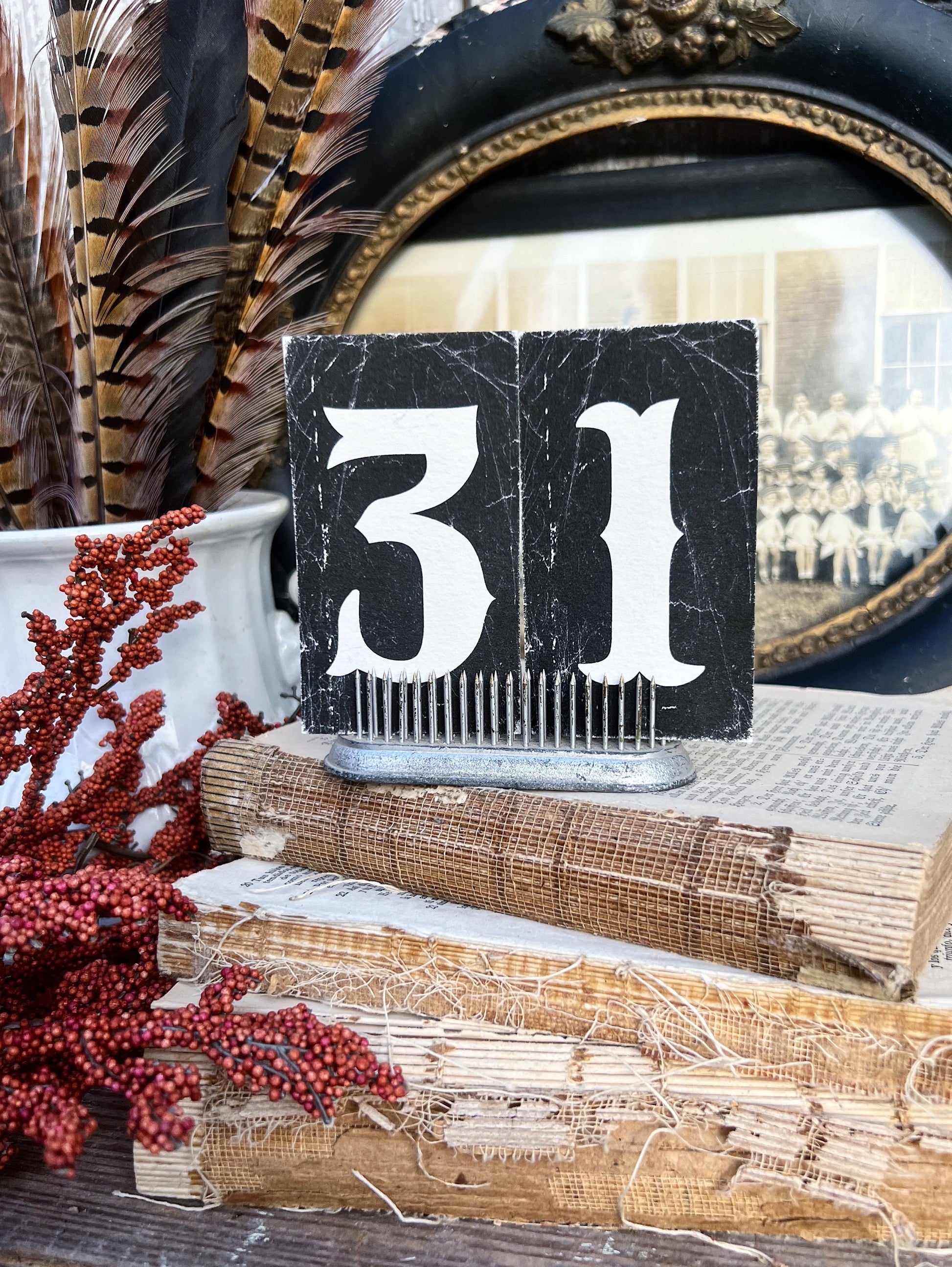 HALLOWEEN Number 31 BLACK Card Sign Set Farmhouse Decor Cardstock Vintage Style Church Gothic