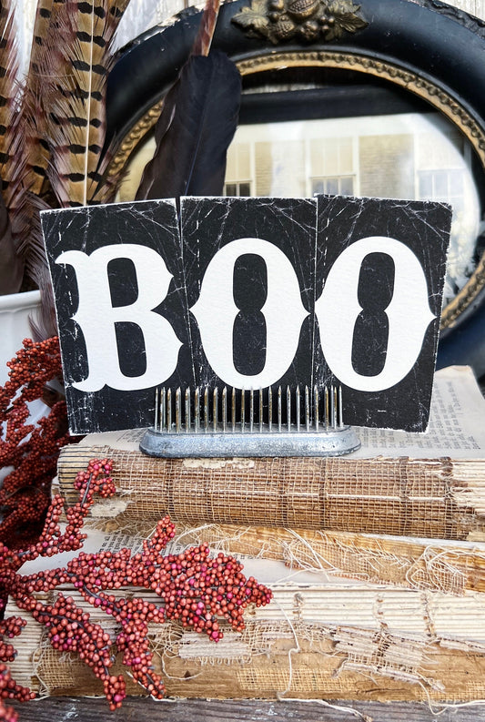 HALLOWEEN Letters BOO BLACK Card Sign Set Farmhouse Decor Cardstock Vintage Style Church Gothic