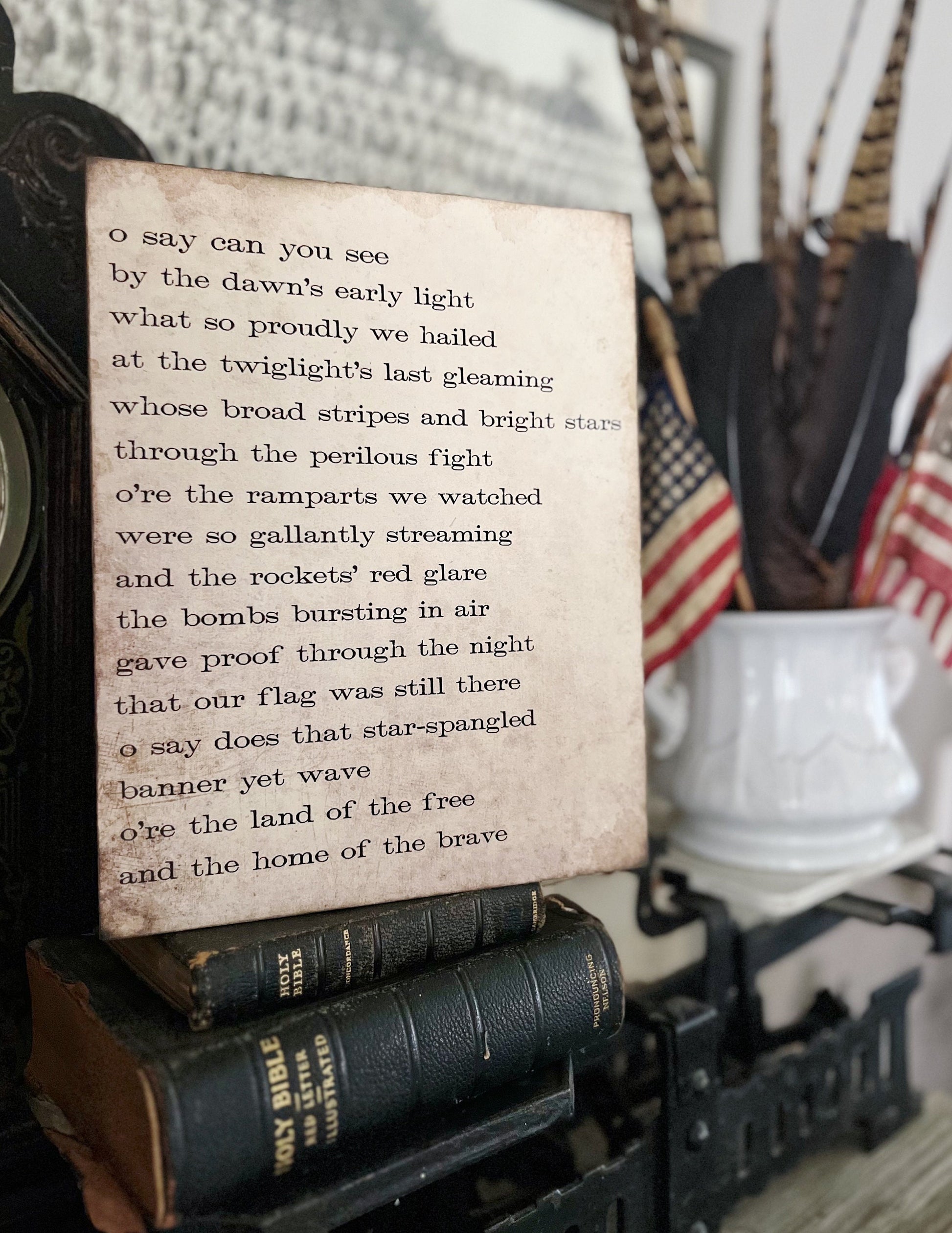 STAR SPANGLED BANNER Sign Americana Patriotic Decor Mounted Farmhouse Book Page Primitive Wood Sign usa Fourth July America