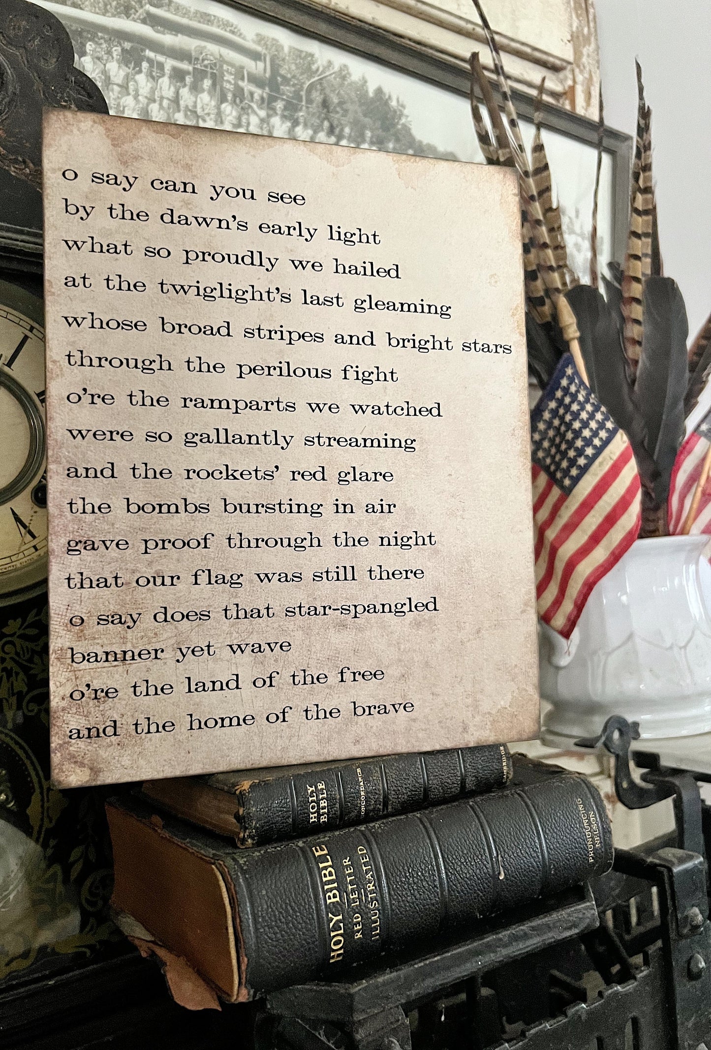 STAR SPANGLED BANNER Sign Americana Patriotic Decor Mounted Farmhouse Book Page Primitive Wood Sign usa Fourth July America