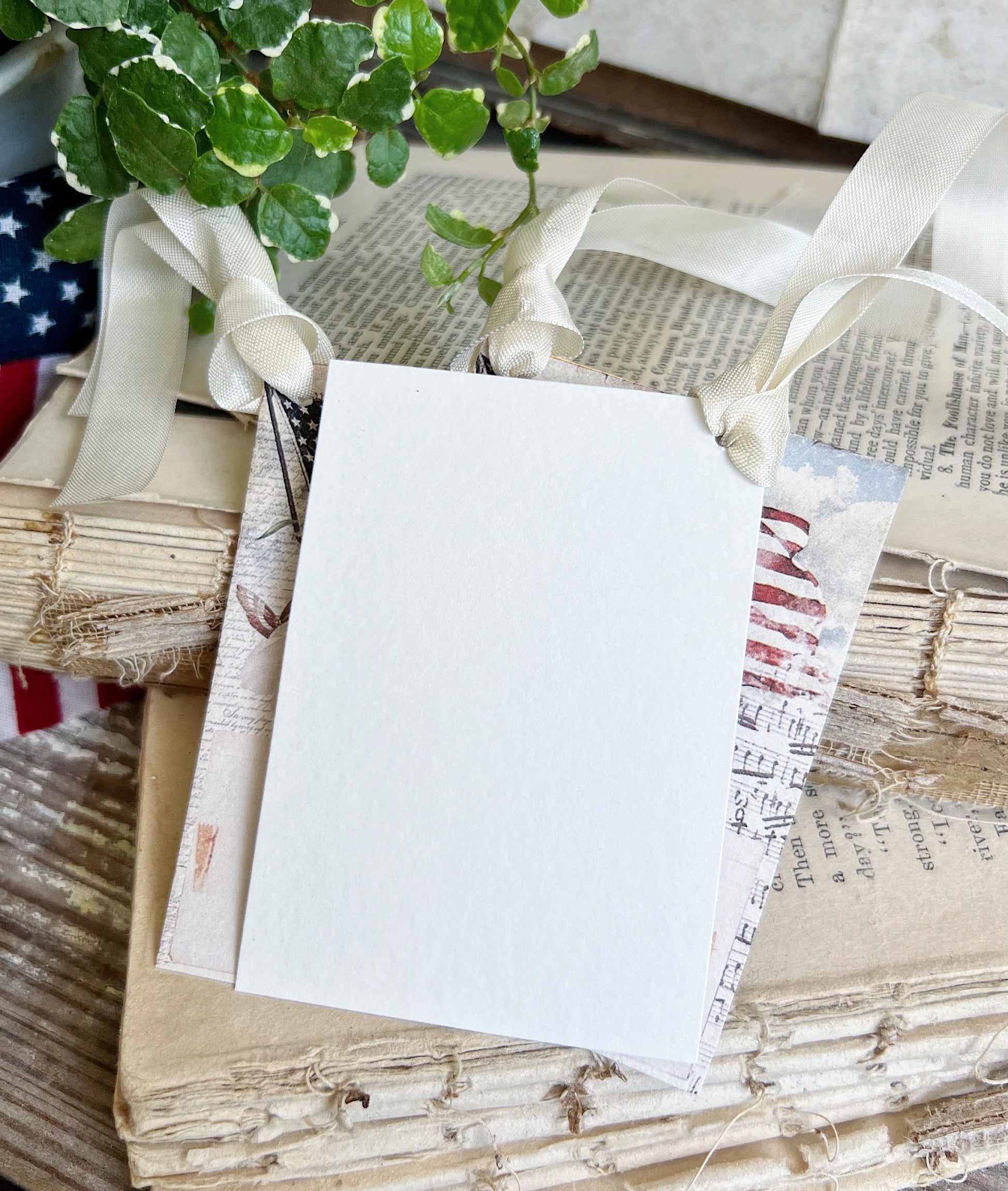 AMERICAN FLAG Vintage Gift Tags Americana Fourth July Farmhouse Decor Card Set of 8 USA Flowers