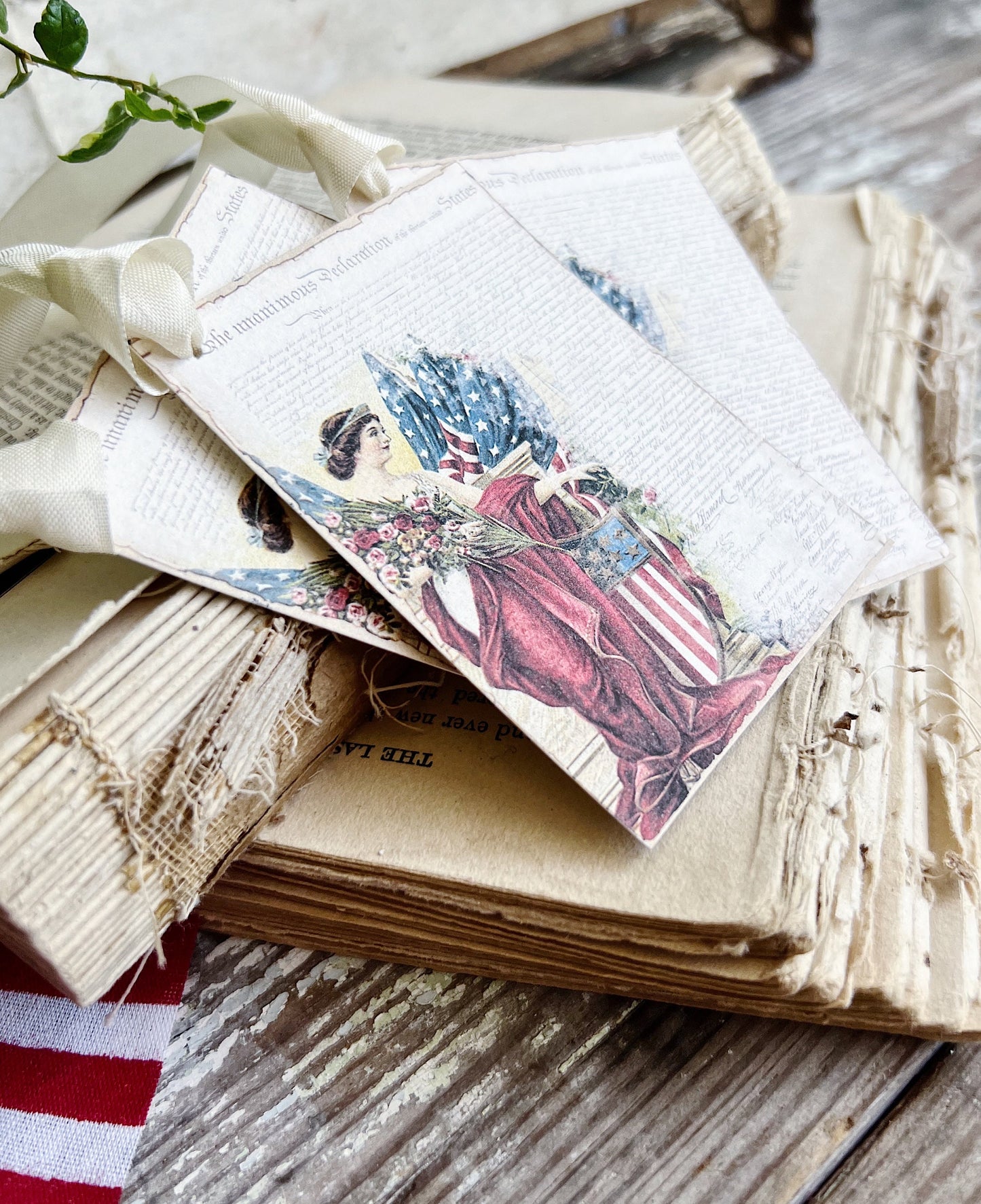 DECLARATION LADY LIBERTY Vintage Gift Tags Americana Fourth July Farmhouse Decor Card Set of 8 usa American Flag