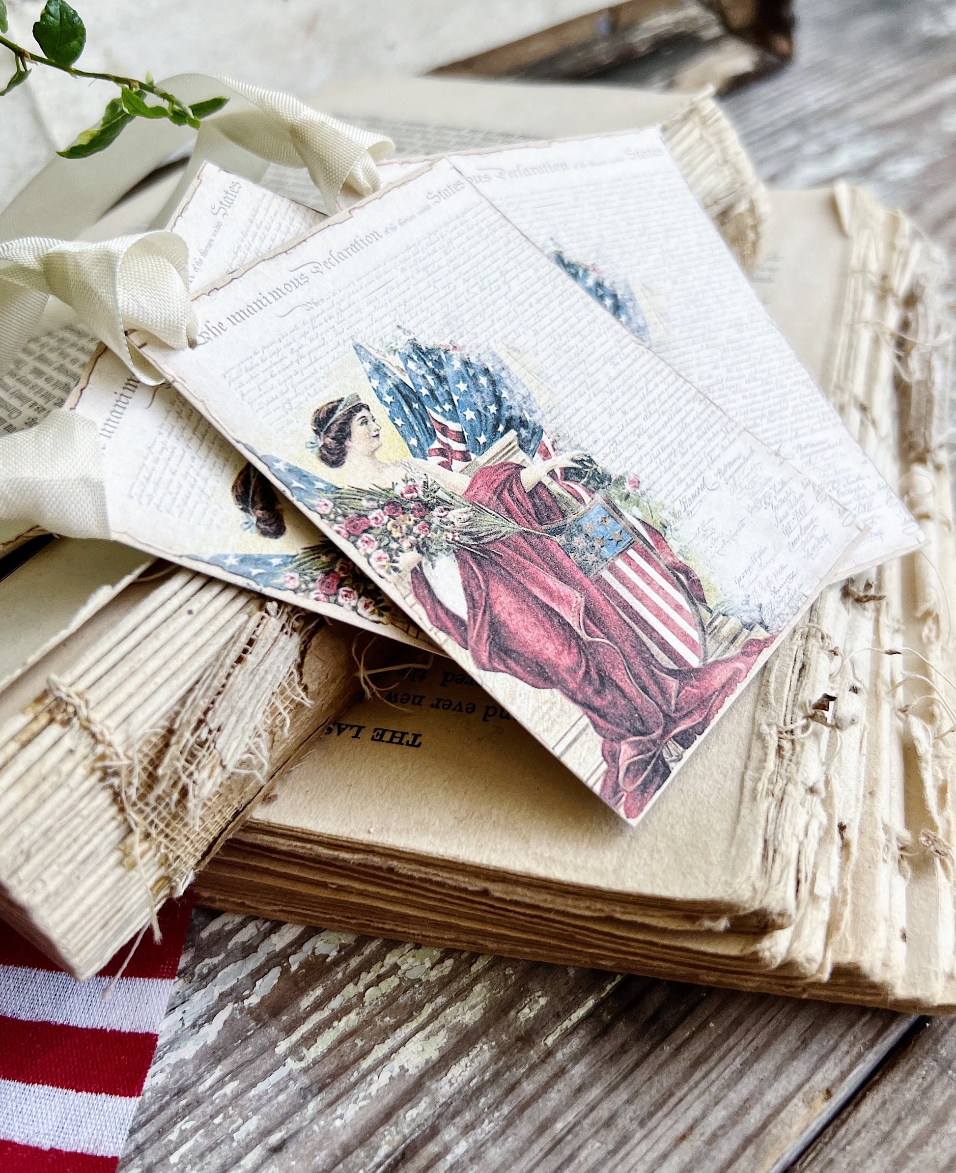 DECLARATION LADY LIBERTY Vintage Gift Tags Americana Fourth July Farmhouse Decor Card Set of 8 usa American Flag
