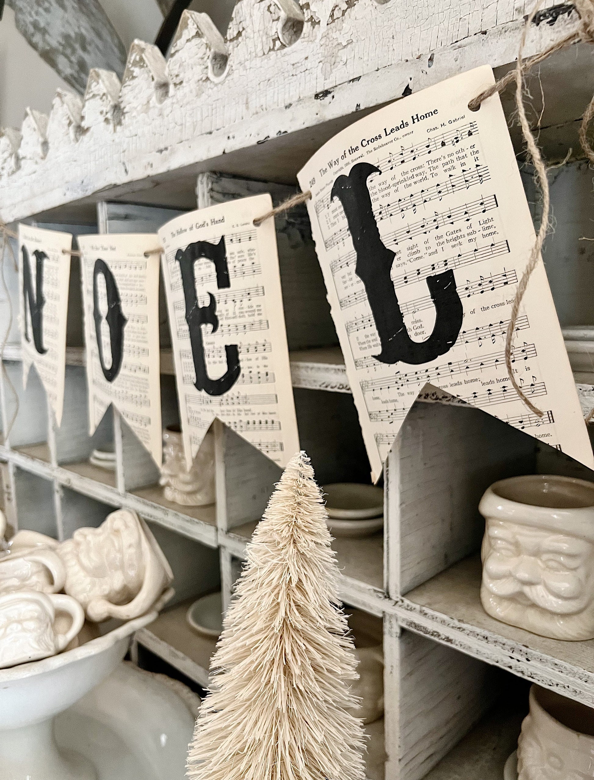 Christmas Banner NOEL Vintage Hymnal Sheet Music Bunting Pennant Sign Farmhouse Decor Garland Rustic Book Page Art Primitive Christmas Decor