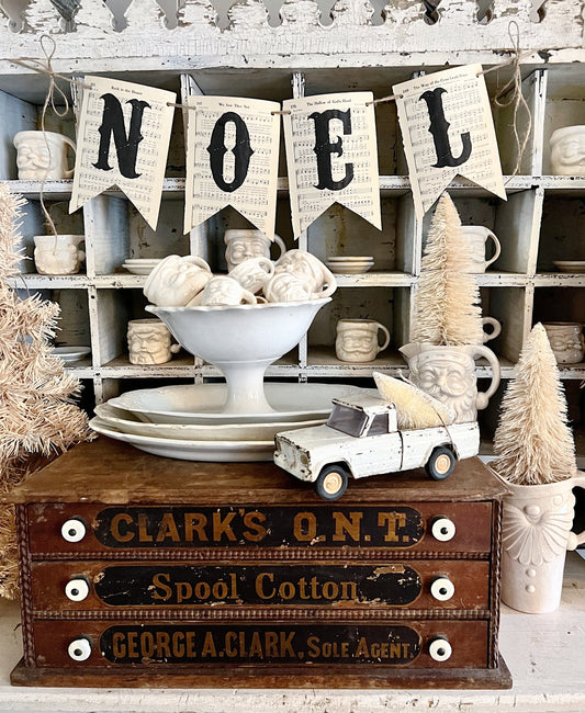 Christmas Banner NOEL Vintage Hymnal Sheet Music Bunting Pennant Sign Farmhouse Decor Garland Rustic Book Page Art Primitive Christmas Decor