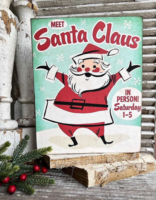 SANTA CLAUS Wood Sign Farmhouse Christmas Decor Vintage Advertising Sign Wall Art Print Meet Santa