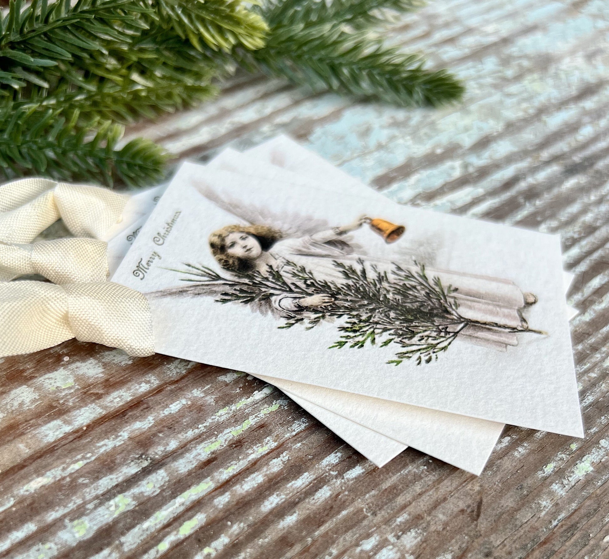 ANGEL Merry Christmas Gift Tags Vintage Bell Farmhouse Decor Card French Shabby Gift Wrap Christmas Tree Ornament