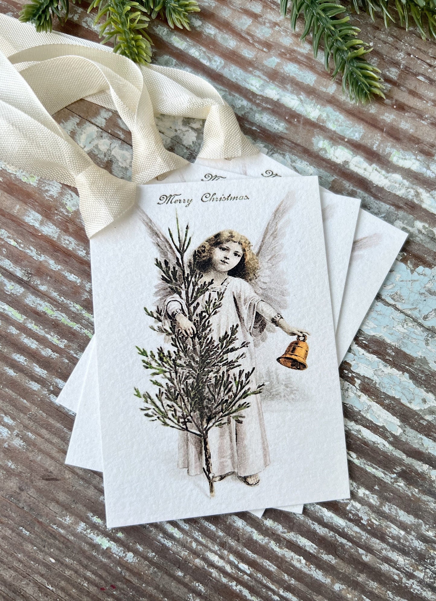 ANGEL Merry Christmas Gift Tags Vintage Bell Farmhouse Decor Card French Shabby Gift Wrap Christmas Tree Ornament