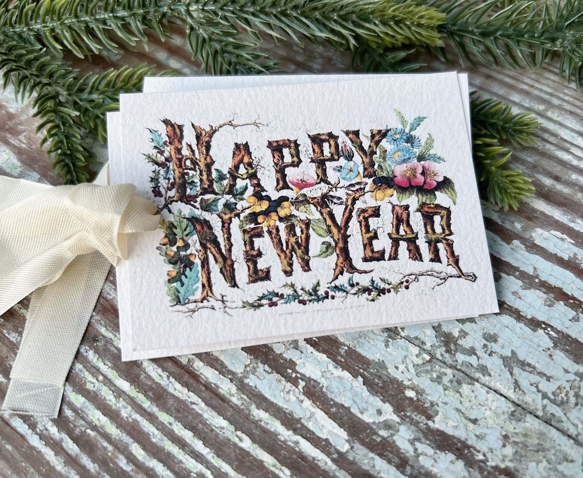 HAPPY NEW YEAR Gift Tags Vintage Farmhouse Decor Card French Shabby Gift Wrap Christmas Tree Ornament