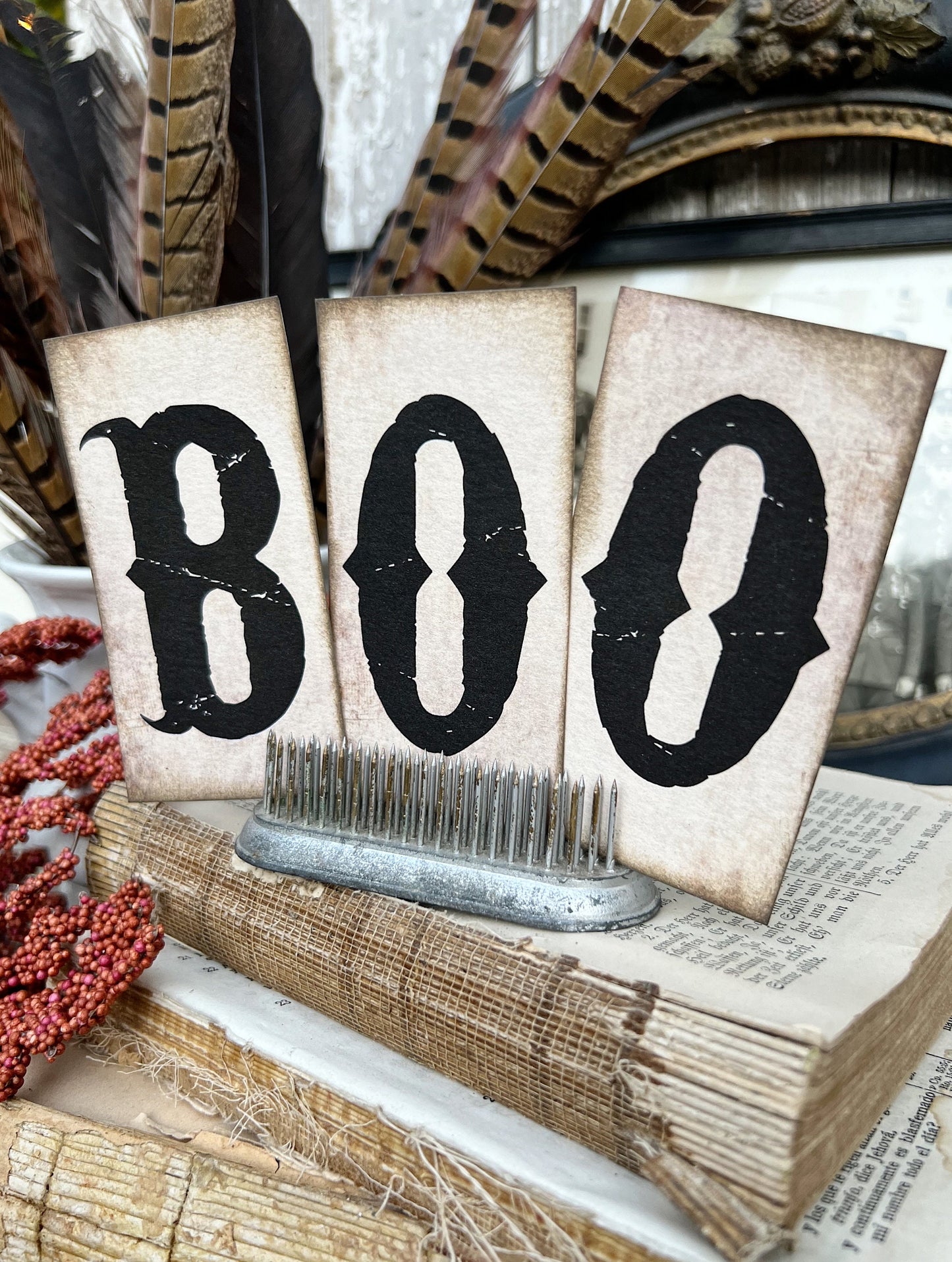 HALLOWEEN Letters BOO BLACK Card Sign Set Farmhouse Decor Cardstock Vintage Style Church Gothic