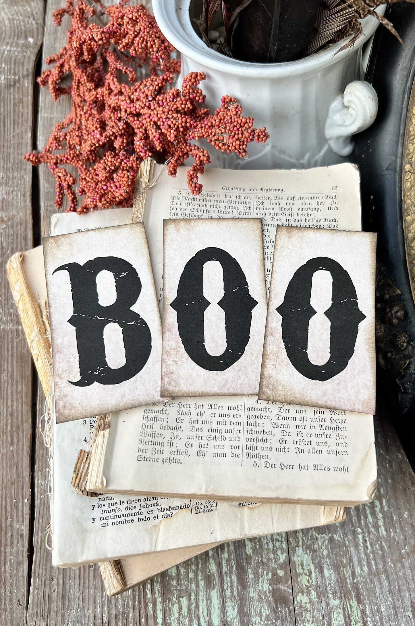 HALLOWEEN Letters BOO BLACK Card Sign Set Farmhouse Decor Cardstock Vintage Style Church Gothic