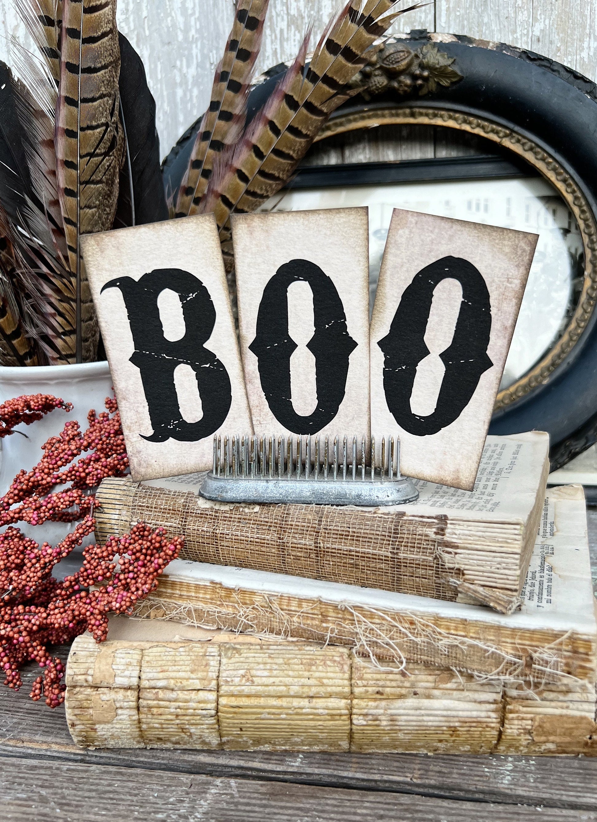 HALLOWEEN Letters BOO BLACK Card Sign Set Farmhouse Decor Cardstock Vintage Style Church Gothic
