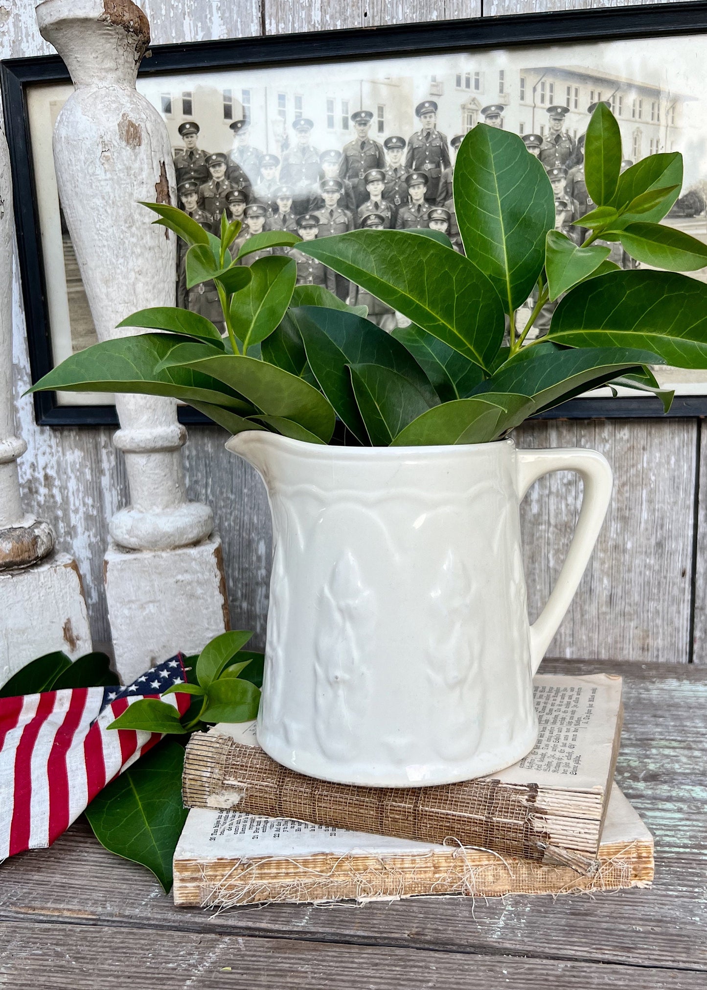 Antique Creamy White Ironstone Pitcher Embossed Asparagus French Country Farmhouse Decor Crazed