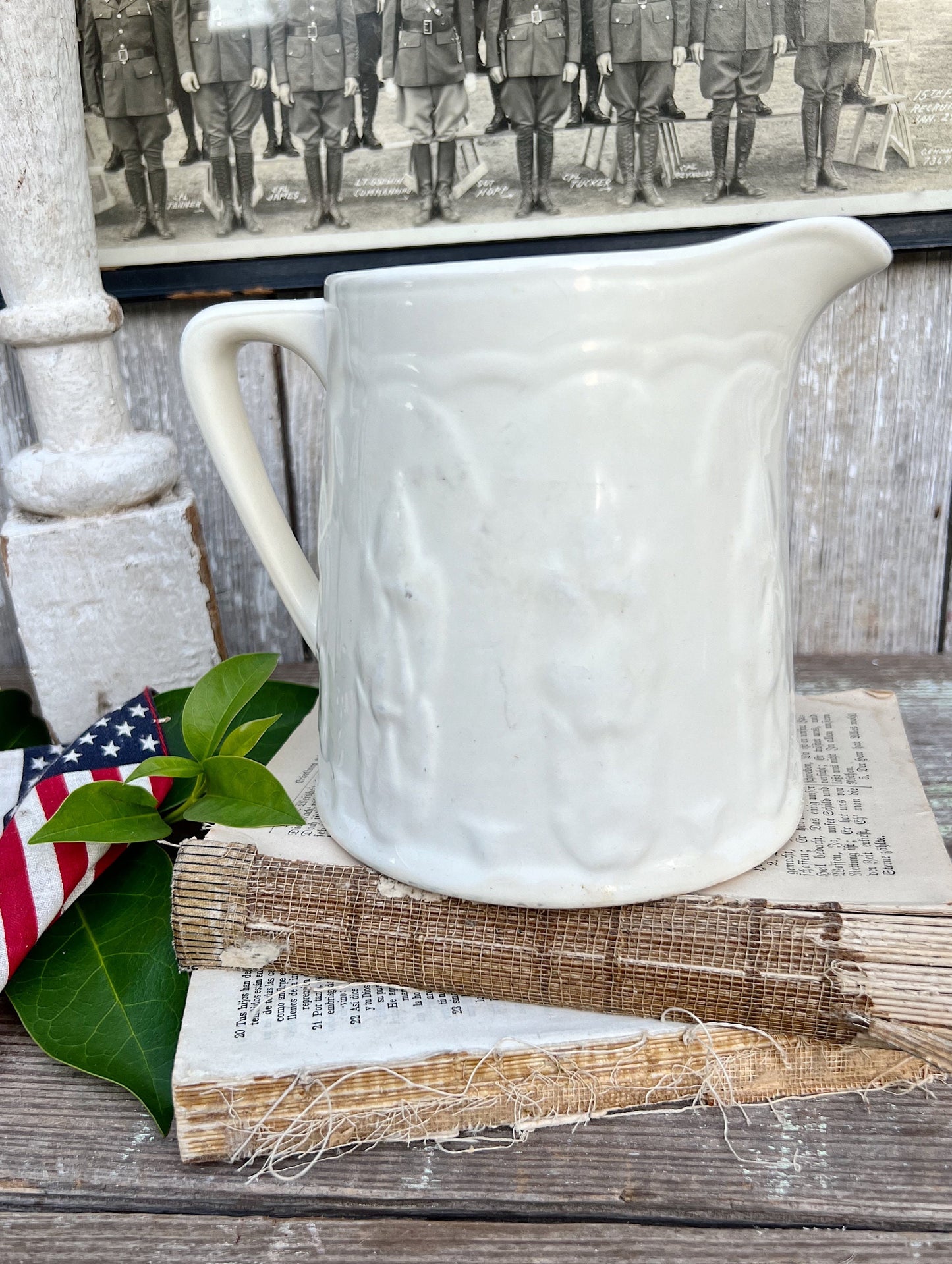Antique Creamy White Ironstone Pitcher Embossed Asparagus French Country Farmhouse Decor Crazed