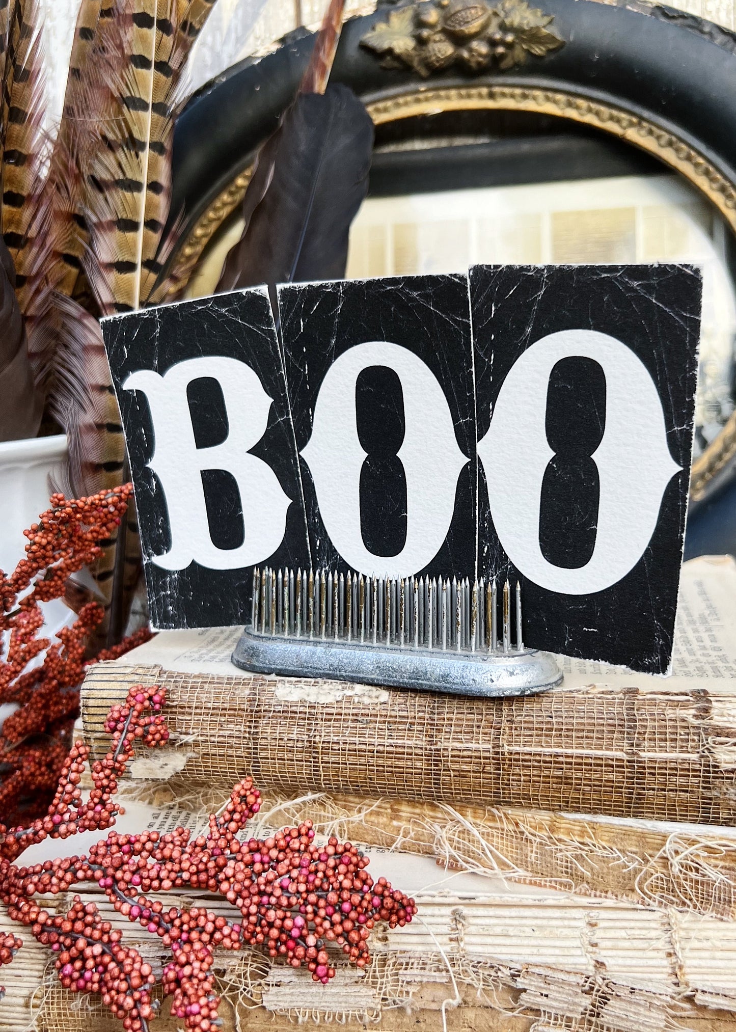 HALLOWEEN Letters BOO BLACK Card Sign Set Farmhouse Decor Cardstock Vintage Style Church Gothic