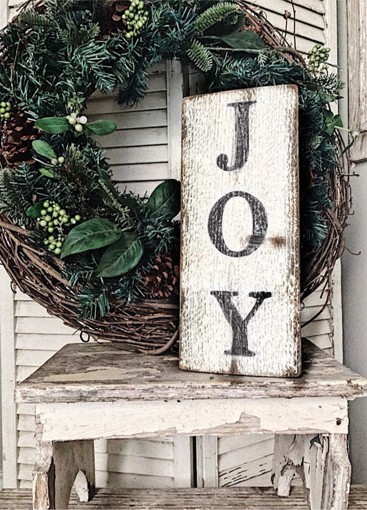 JOY Christmas Farmhouse Sign Painted Salvage Barn Wood Reclaimed Primitive White Chippy Paint Architectural Farmhouse Decor